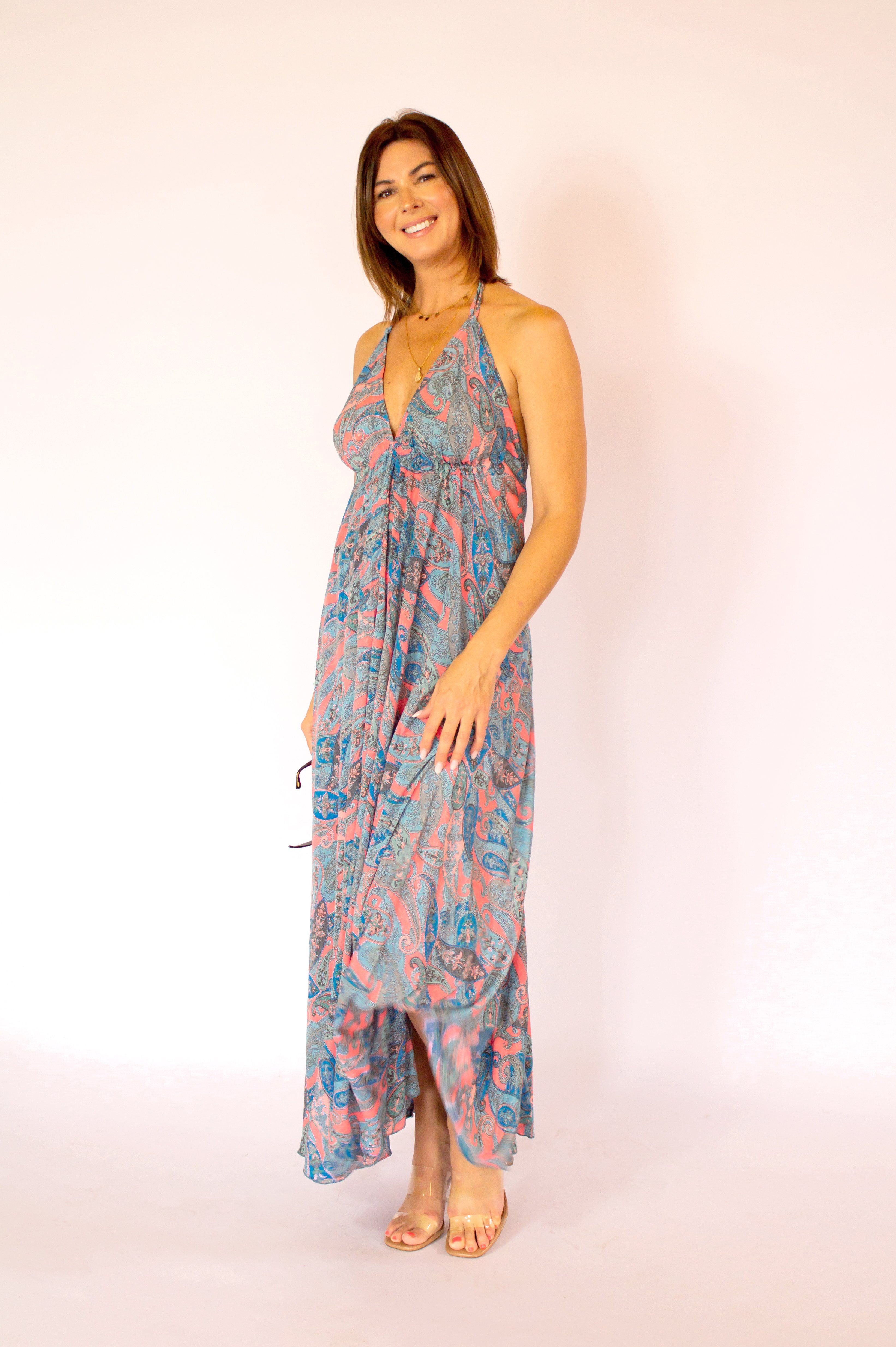 MonCaprise by Clothè Strandkleid Maxikleid mit tiefem Rückenausschnitt Sommerkleid Mehrfarbig One Size Boho, Seidenmix