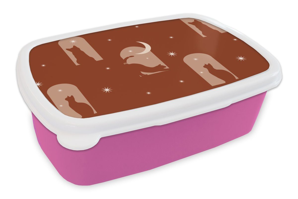 MuchoWow Lunchbox Sterne - Katze - Entwurf, Kunststoff, (2-tlg), Brotbox für Erwachsene, Brotdose Kinder, Snackbox, Mädchen, Kunststoff rosa