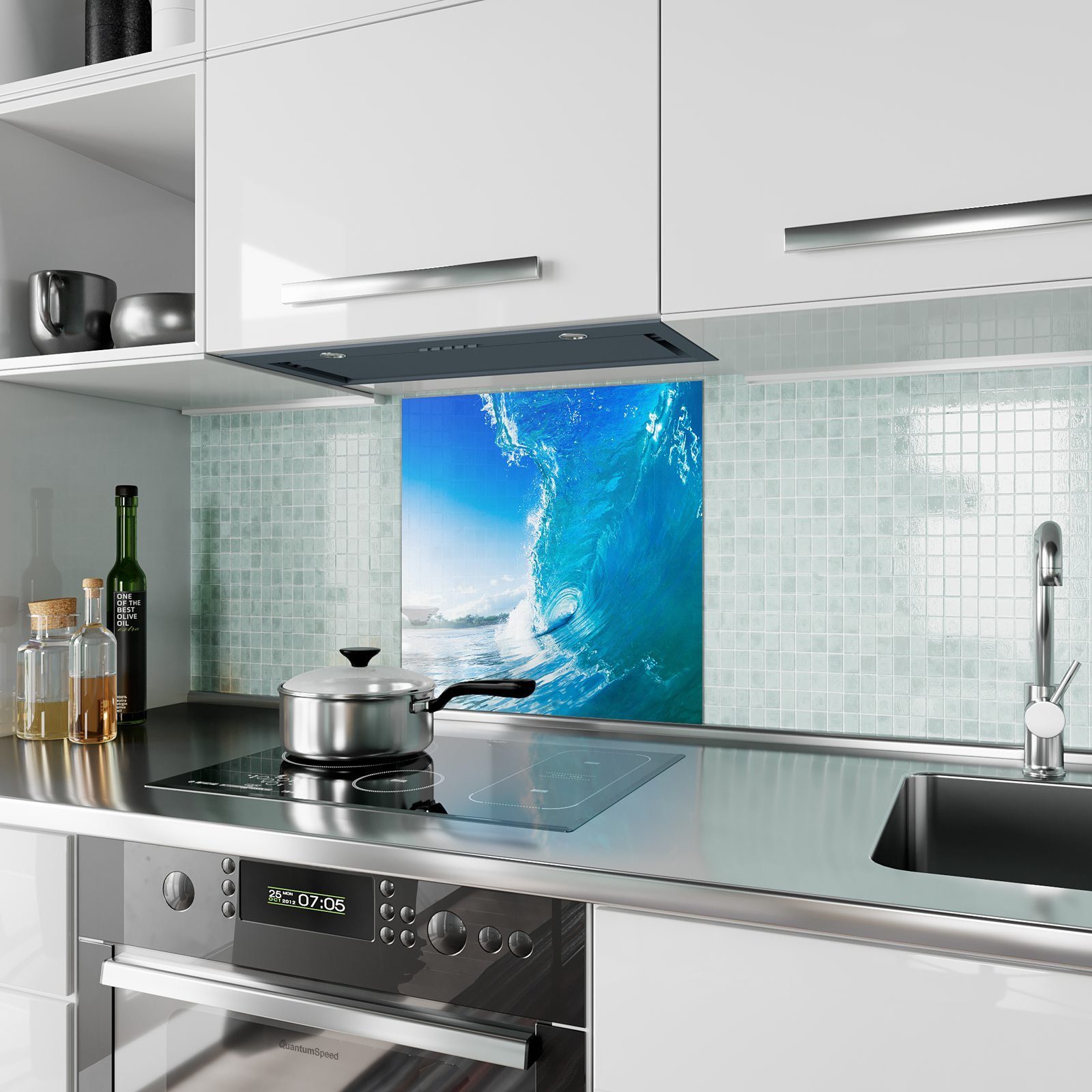 Primedeco Küchenrückwand Küchenrückwand Hohe Glas mit Spritzschutz Motiv Welle