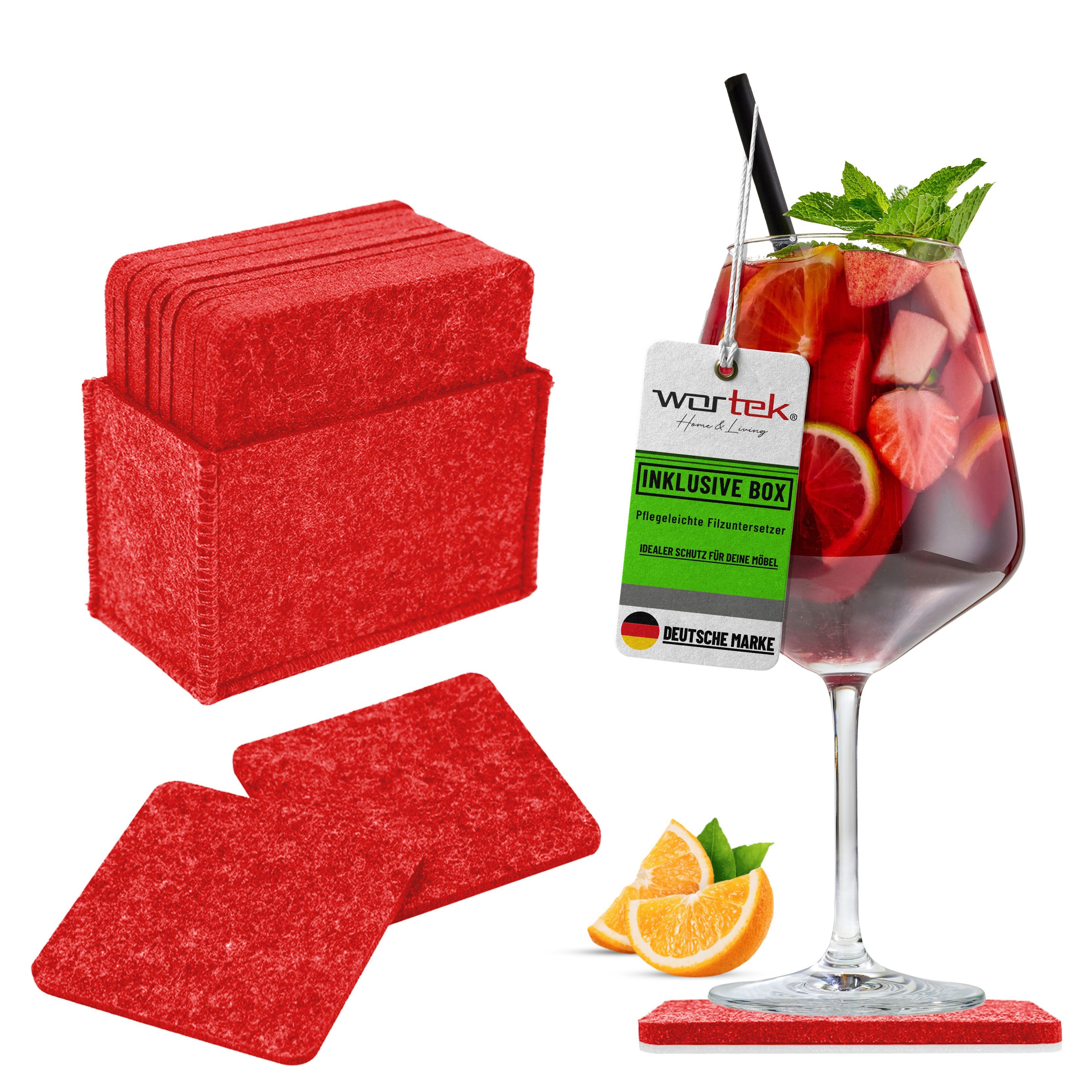 wortek Подставки для напитков Filz-Untersetzer Eckig für Gläser 10er Set + Box, Zubehör für Tisch & Gläser, Set, 10-tlg., waschbare Getränke Glasuntersetzer Gläser, Tischuntersetzer Filz 10 cm