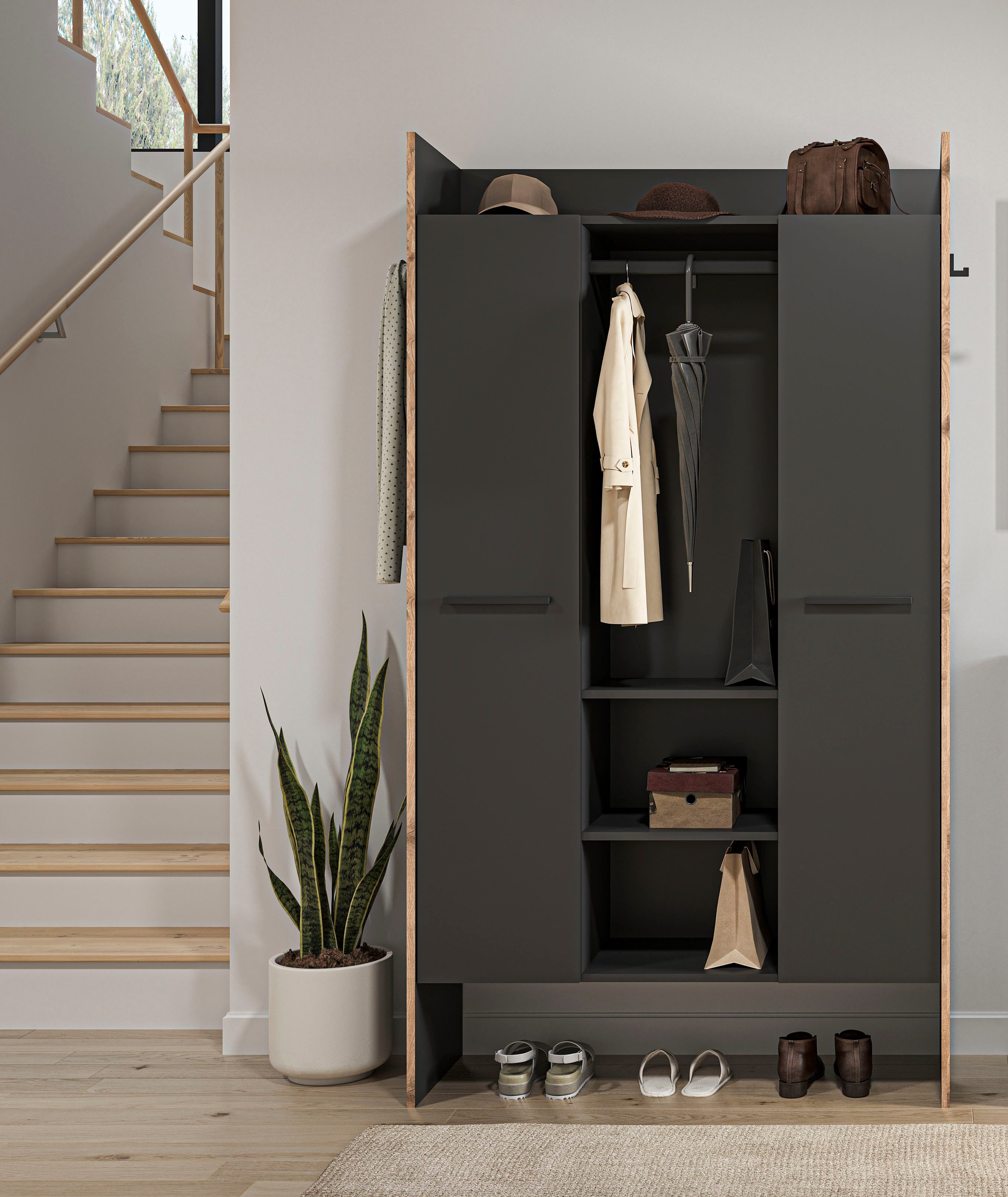 Home affaire Garderobenschrank MUSTA, Breite: 70cm, mit Kleiderstange, 2 Haken, 2 Türen, 1 Hutablage Dielenschrank, Flurschrank, Schrank, Universalschrank, Sitzbank