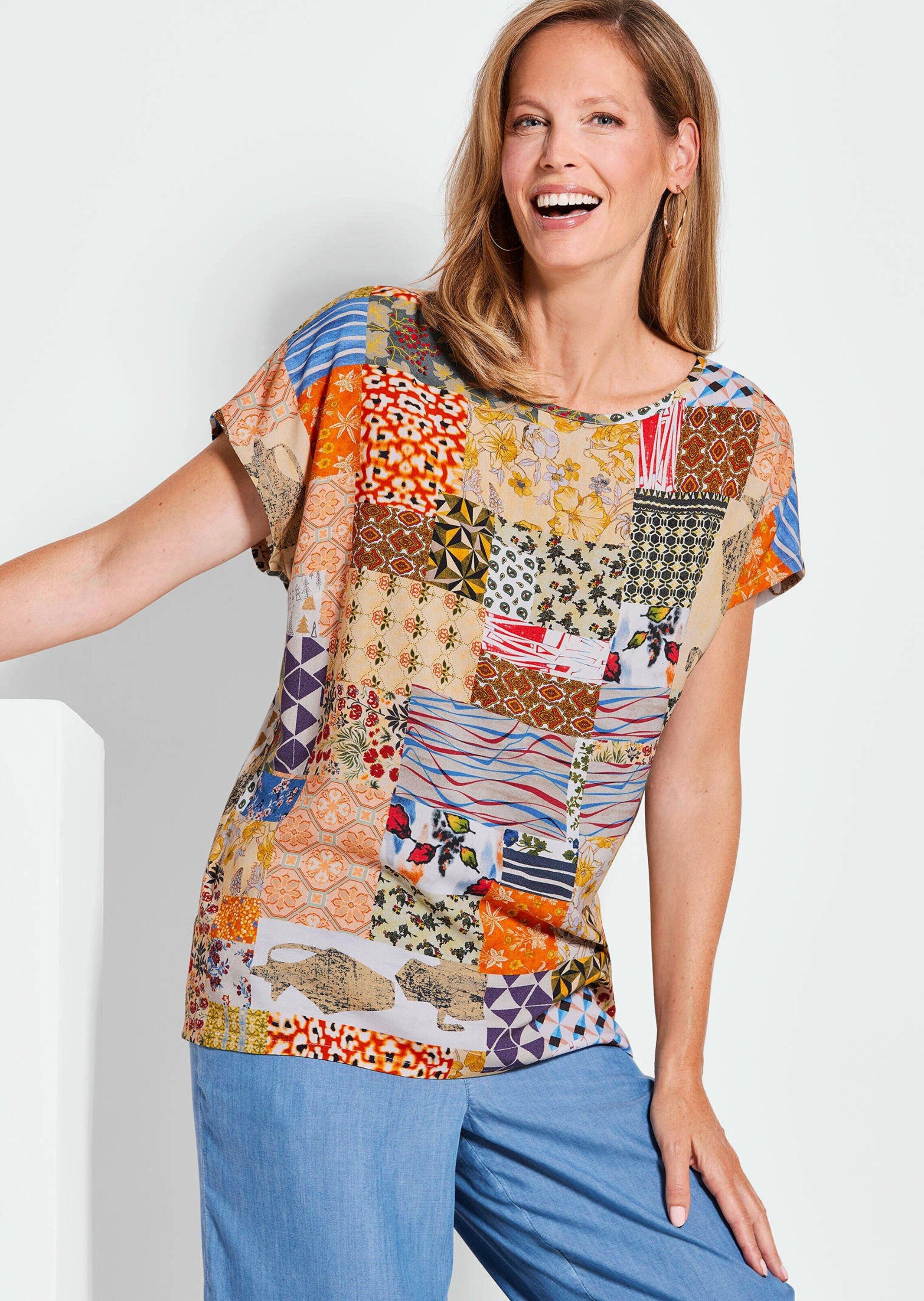 GOLDNER Schlupfbluse Luftige Viskosebluse mit Patch-Print Floral gemusterte Bluse mit U-Boot-Ausschnitt