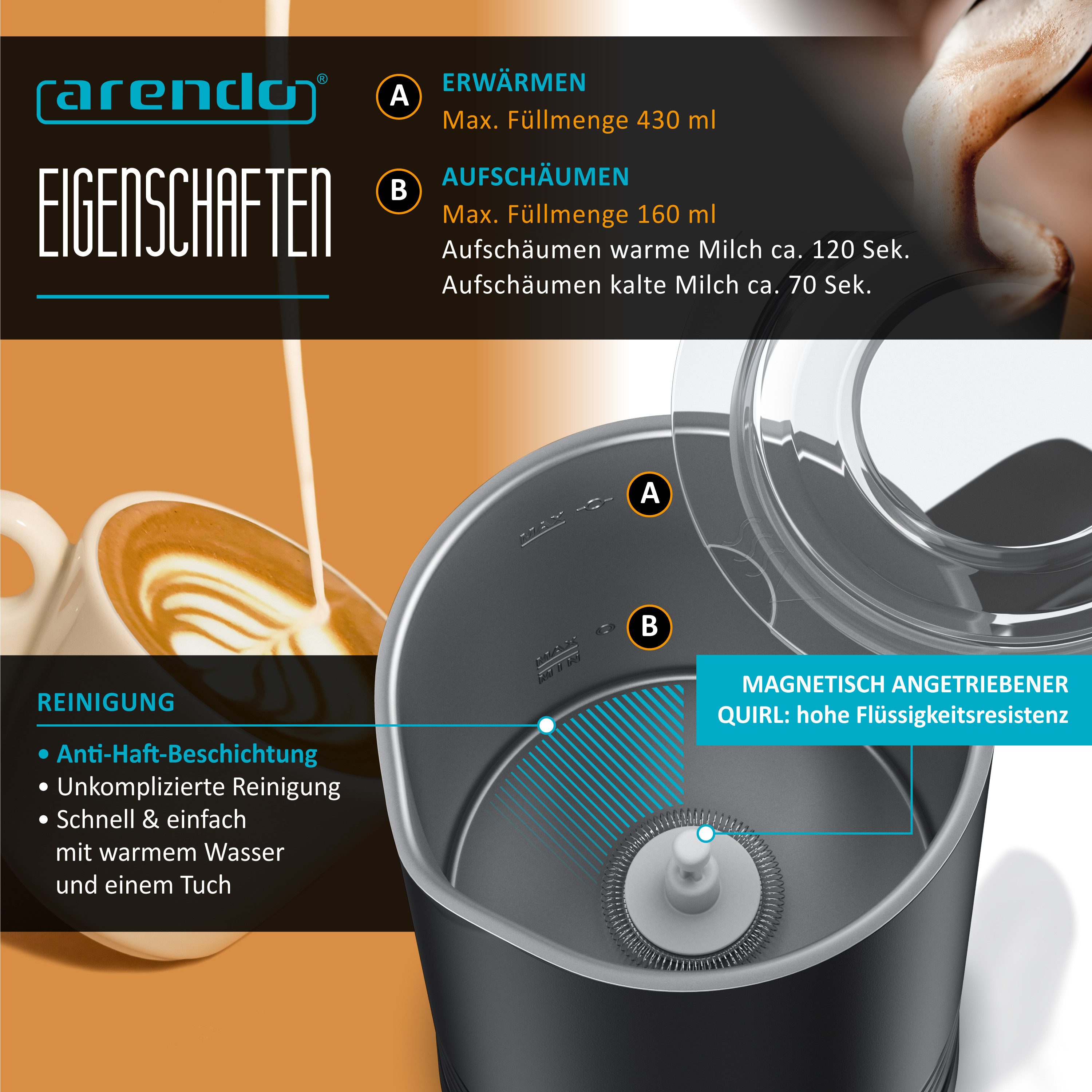 Arendo Milchaufschäumer elektrisch, Doppelwandgehäuse, Milk Frother, Heiß & kalt aufschäumend, 400 W, 4 Programme, Doppelwand, Antihaftbeschichtung Cremiger & fester Schaum