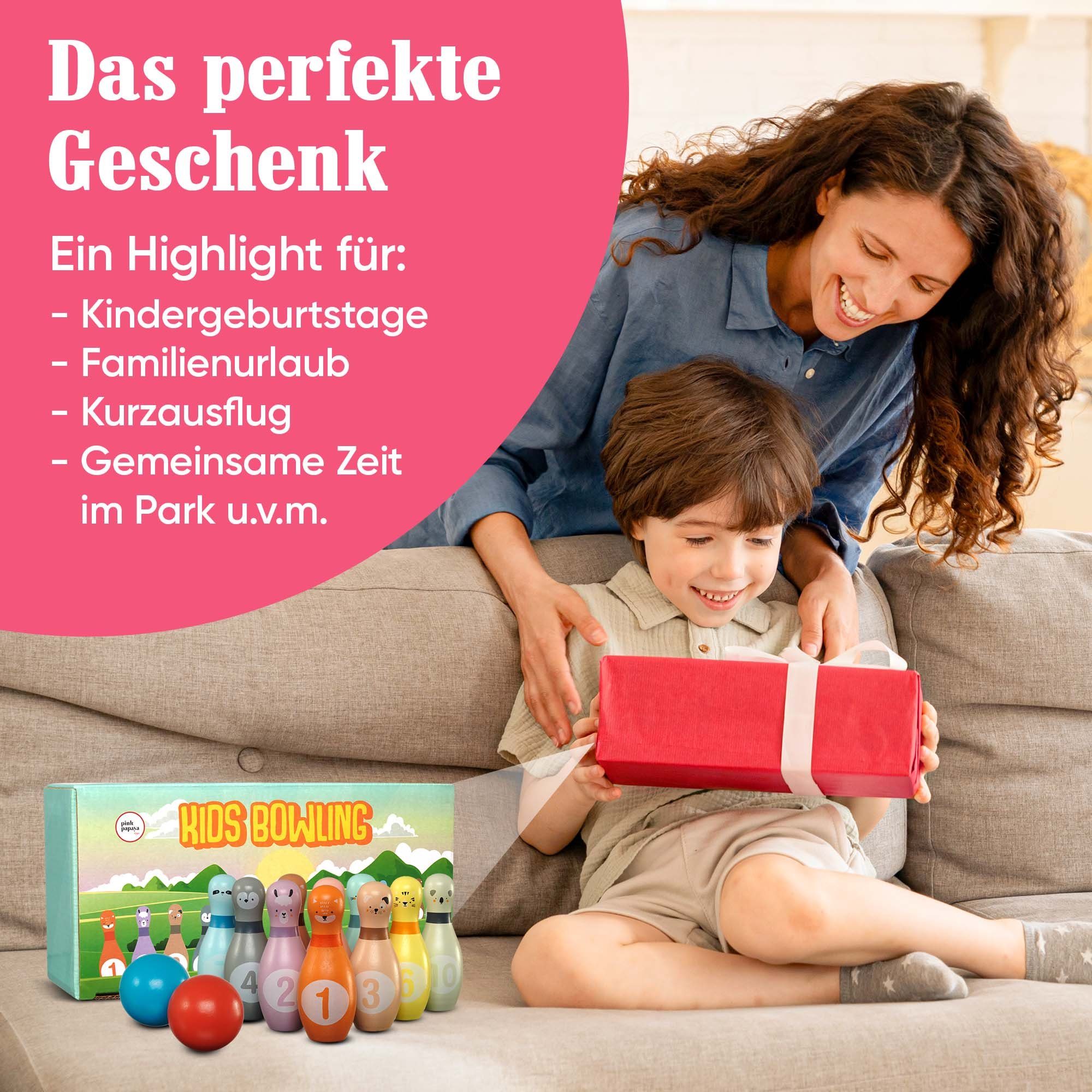 Pink Papaya Spiel Kegelspiel für Kinder Kids Bowling Set, Familienspiel, Indoor & Outdoor, Robust und liebvevoll gestaltet