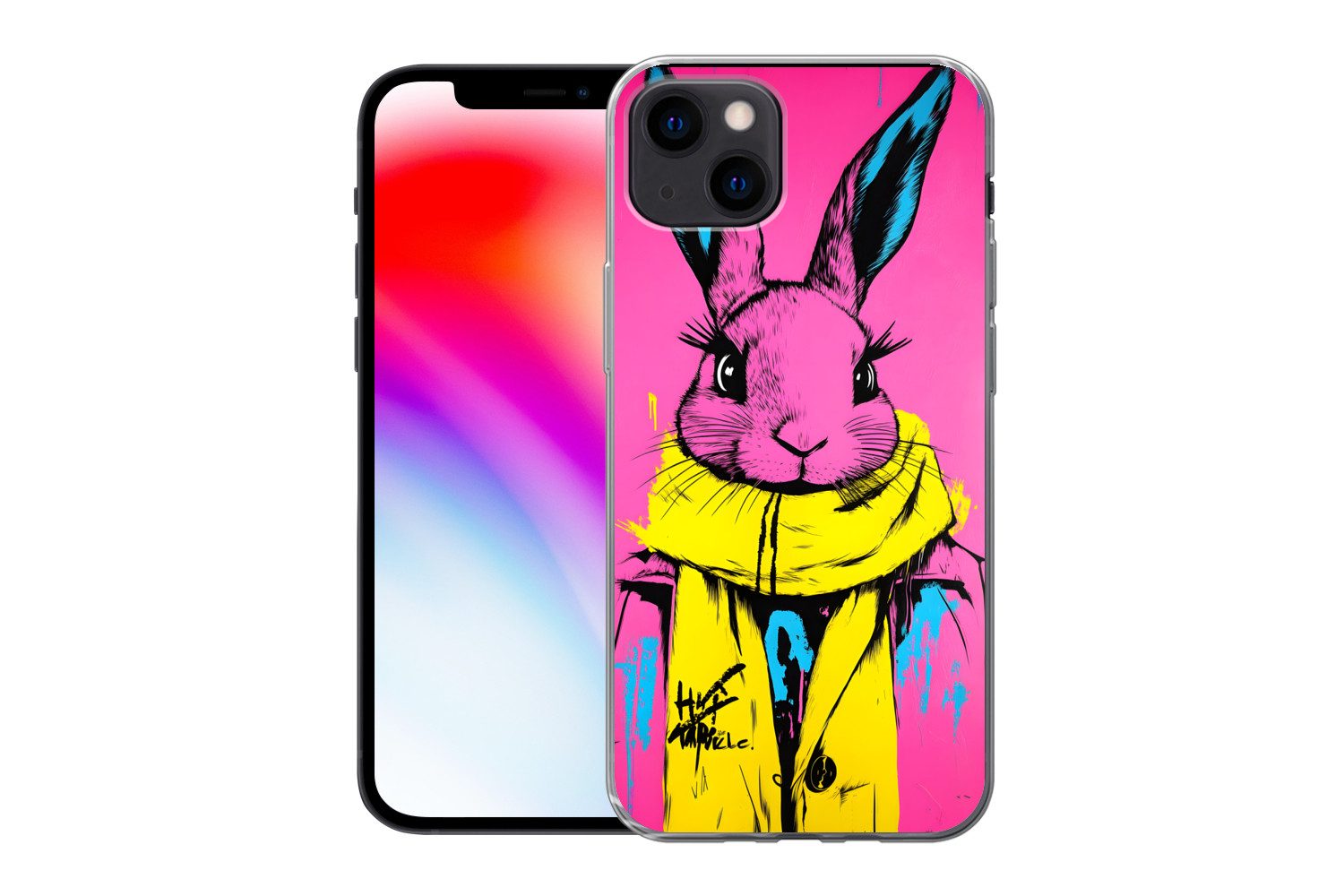 MuchoWow Handyhülle für Apple iPhone 13 Kaninchen - Hellrosa - Schal - Abstrakt, Smartphone-Bumper, Print, Handy Schutzhülle Dünn