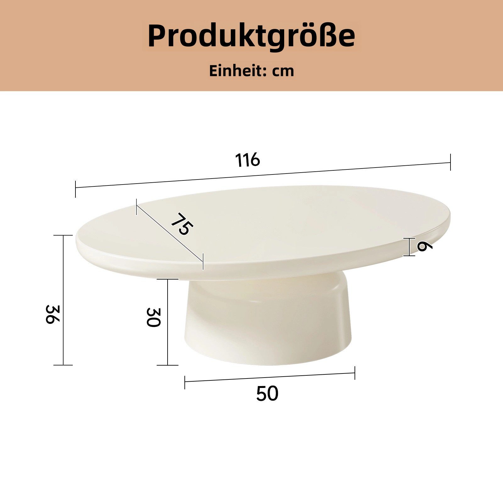 Guyii Couchtisch Ovaler Kaffeetisch, Wohnzimmertisch, Beistelltisch aus MDF, Cremeweiß (1-St), Minimalistischer Mitteltisch, 116 × 75 × 36 cm