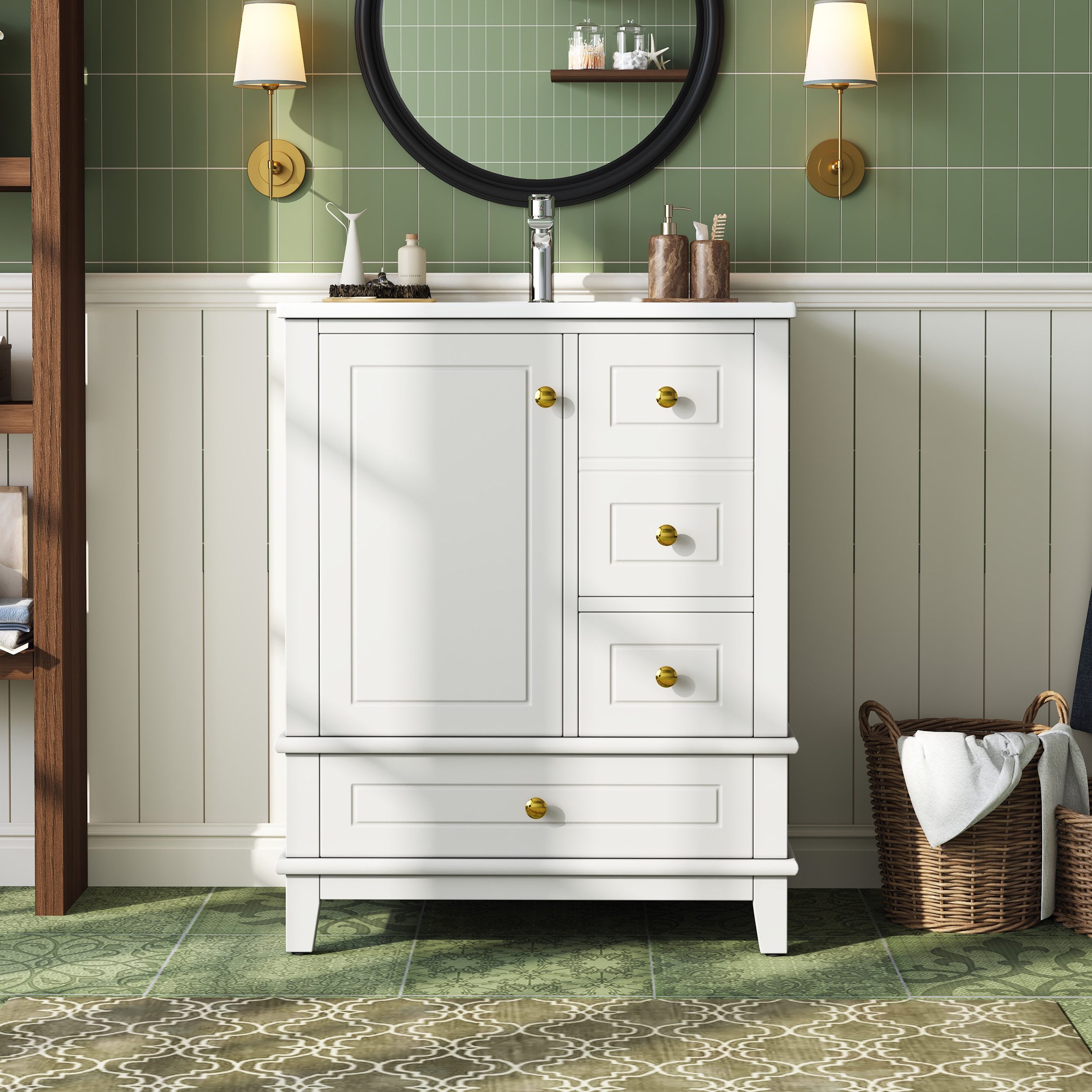 Flieks Waschtisch mit 3 Schubladen und Türregal, Waschbeckenunterschrank mit Waschbecken (B61/T47/H86 cm, 1-St., bodenstehend), Badezimmerschrank mit Keramikbec – Bild 2 von 5