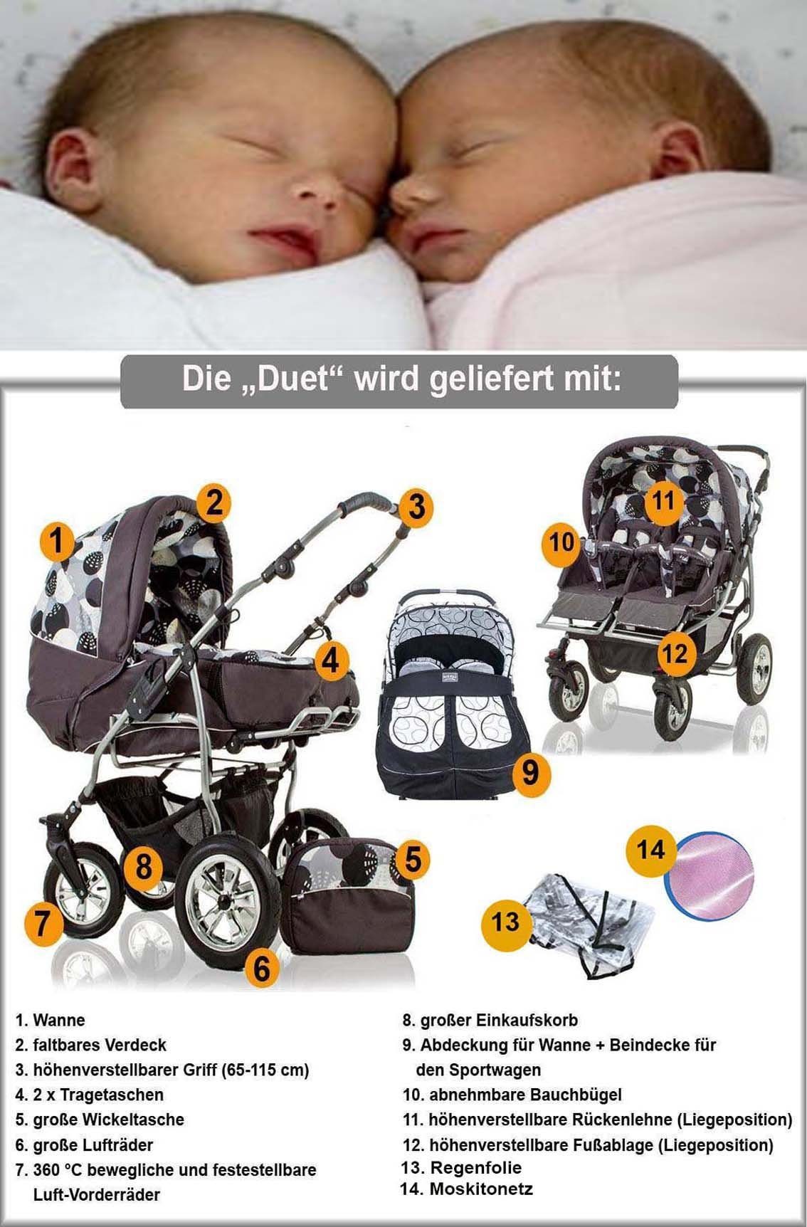 Elcar Zwillings-Kombikinderwagen Zwillingskinderwagen 1 Farben 14 Teile 2 in - Duet in Schwarz-Braun 20 