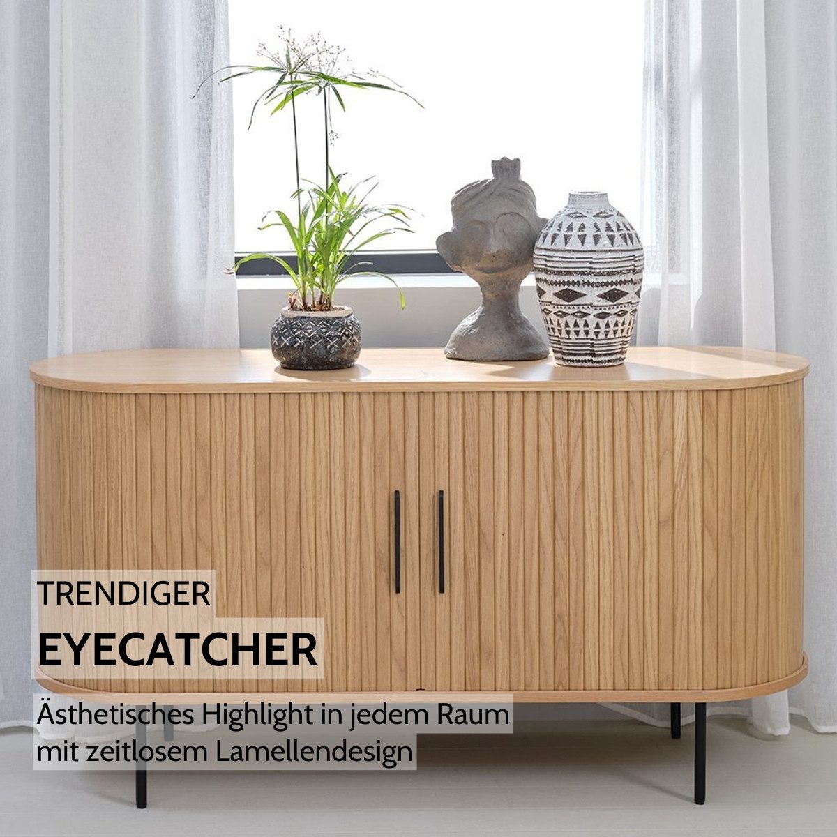 Liadomo Sideboard Uriel, Kommode, Stauraummöbel, 140 oder 180 cm Breite, Furnier in Echtholz, Schiebetüren, Lamellen-Optik, vier Farben