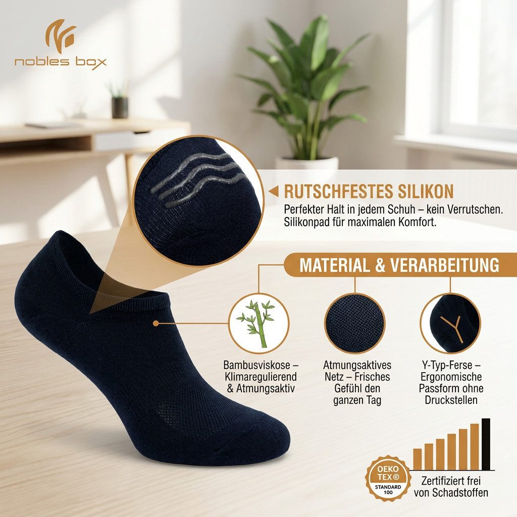 NoblesBox Kurzsocken Bambus Füßlinge Socken - No Show Socken - Unsichtbar & Rutschfest (Box, 6-Paar) Anti-Rutsch – Bild 3 von 5