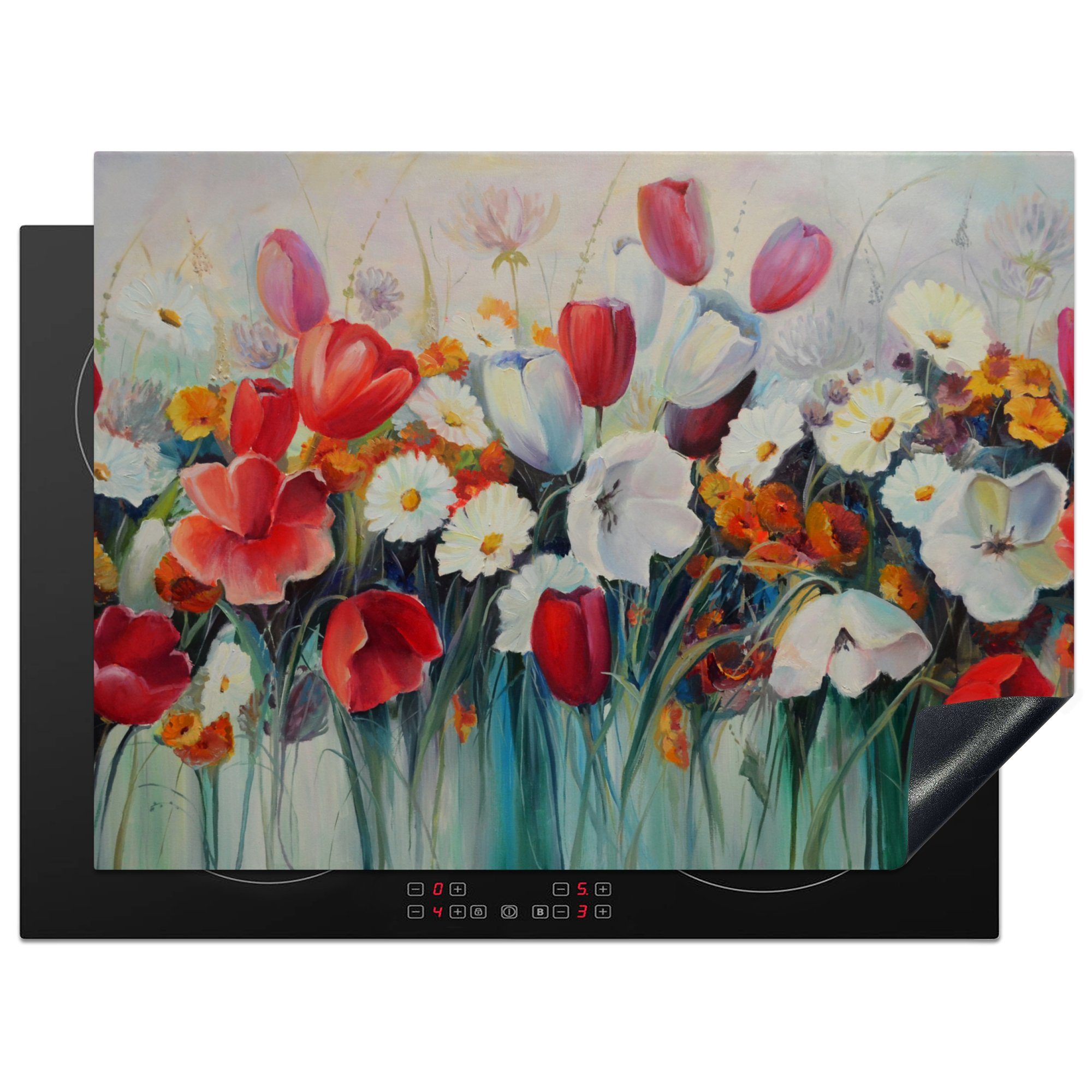 MuchoWow Herdblende-/Abdeckplatte Malerei - Ölfarbe - Blumen, Vinyl, (1 tlg), 70x52 cm, Mobile Arbeitsfläche nutzbar, Ceranfeldabdeckung