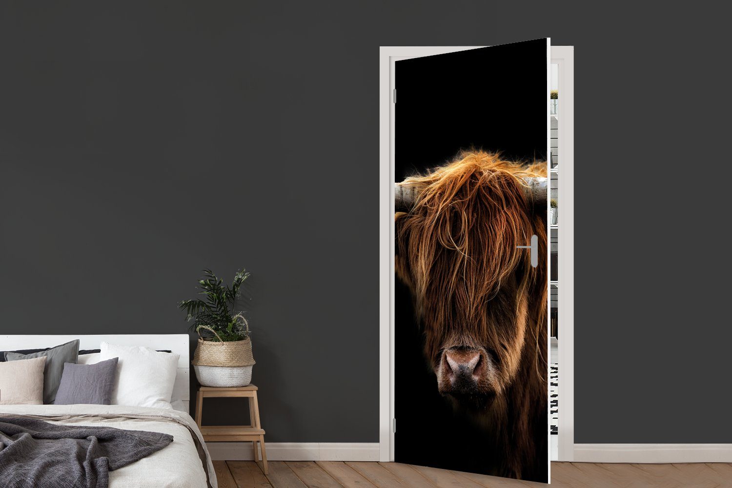 Highlander Fototapete Schwarz Hörner Wild - Natur 75x205 bedruckt, Türaufkleber, cm - für Tiere St), Türtapete -, Matt, Schottischer - - MuchoWow Tür, - (1