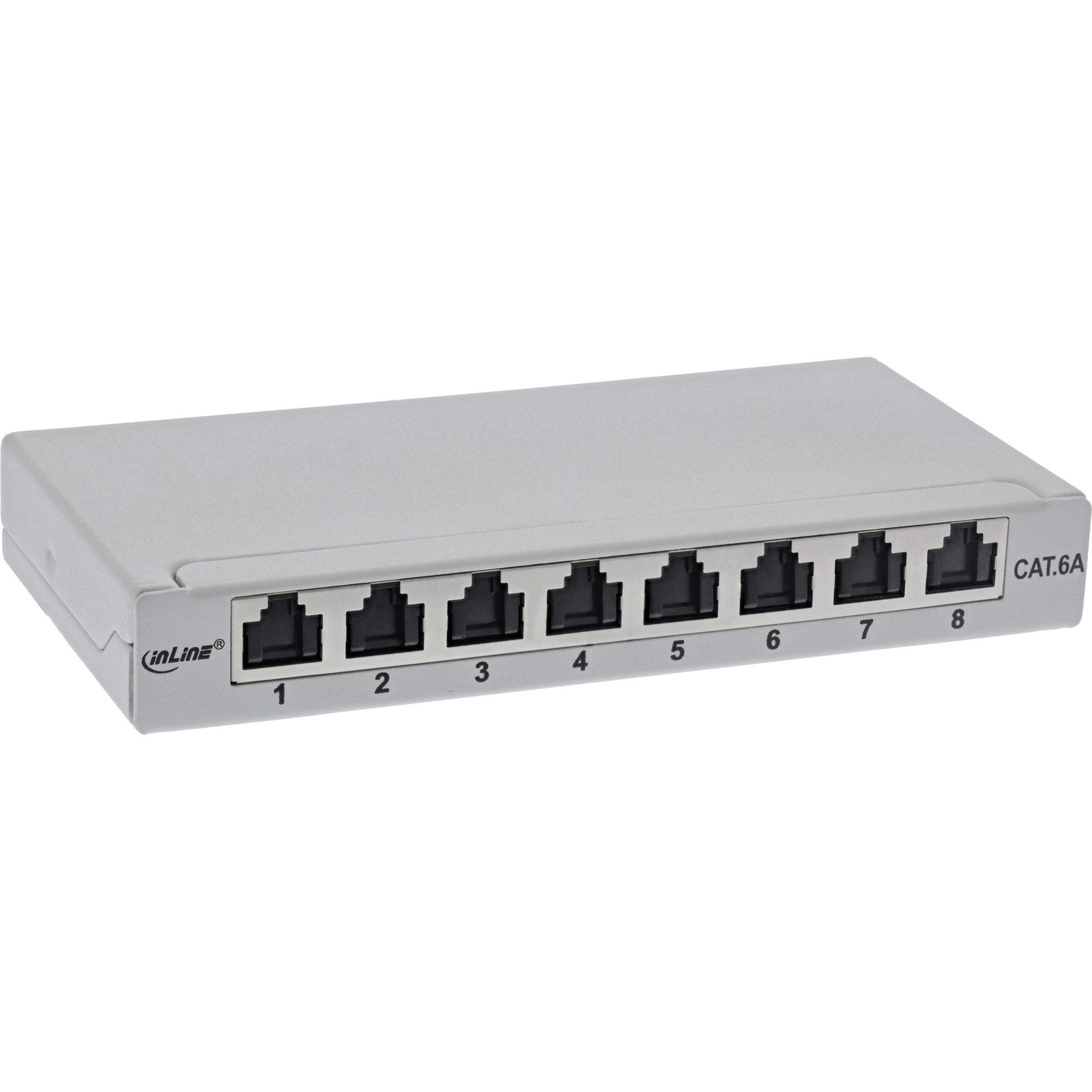 Cat.6A 0,5HE 8-fach, Tisch/Wand/Hutschiene, grau, Staubschutz Netzwerk-Patch-Panel