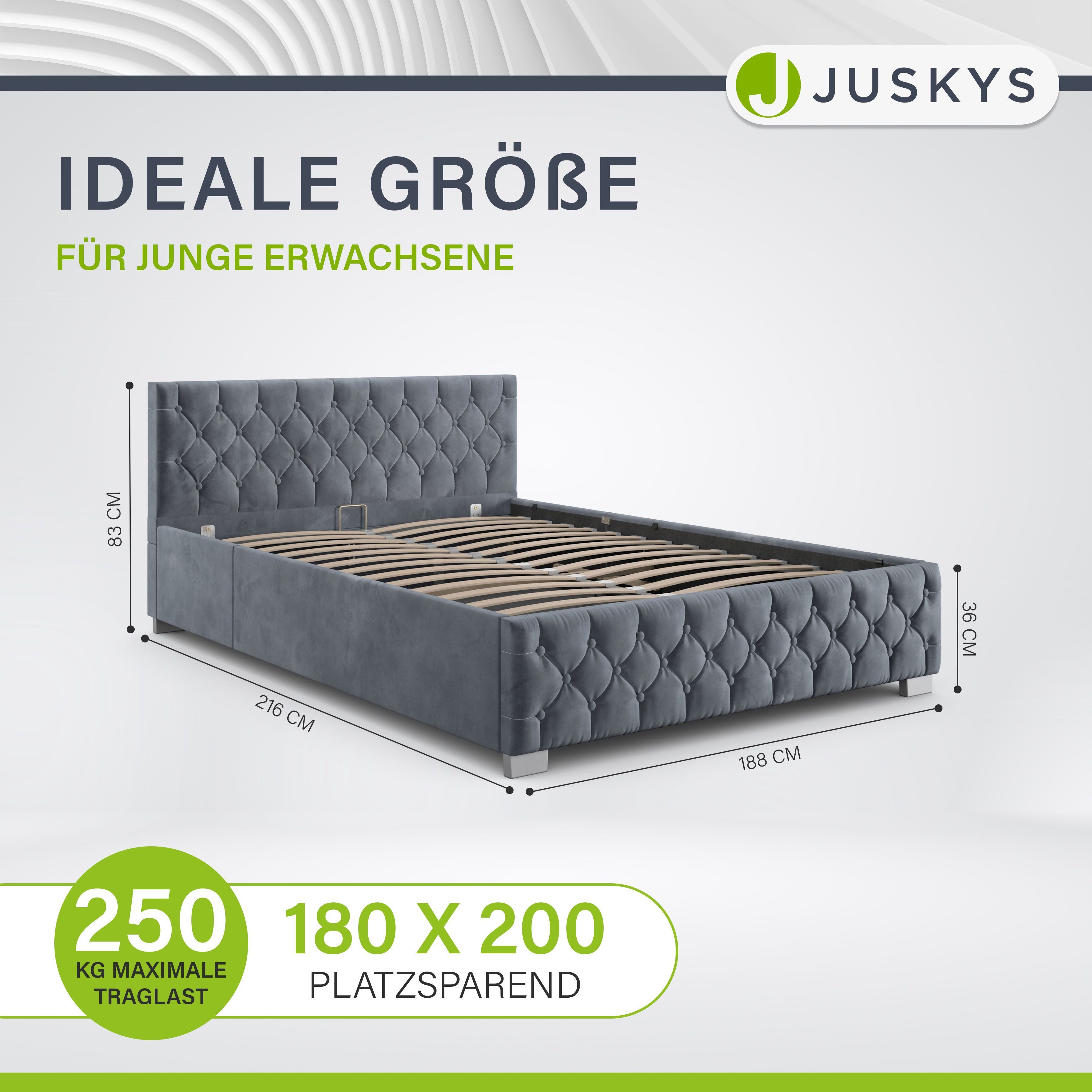 Juskys Polsterbett Nizza, 180x200 cm, LED Licht, Stauraum, Samtbezug, inkl. Matratze