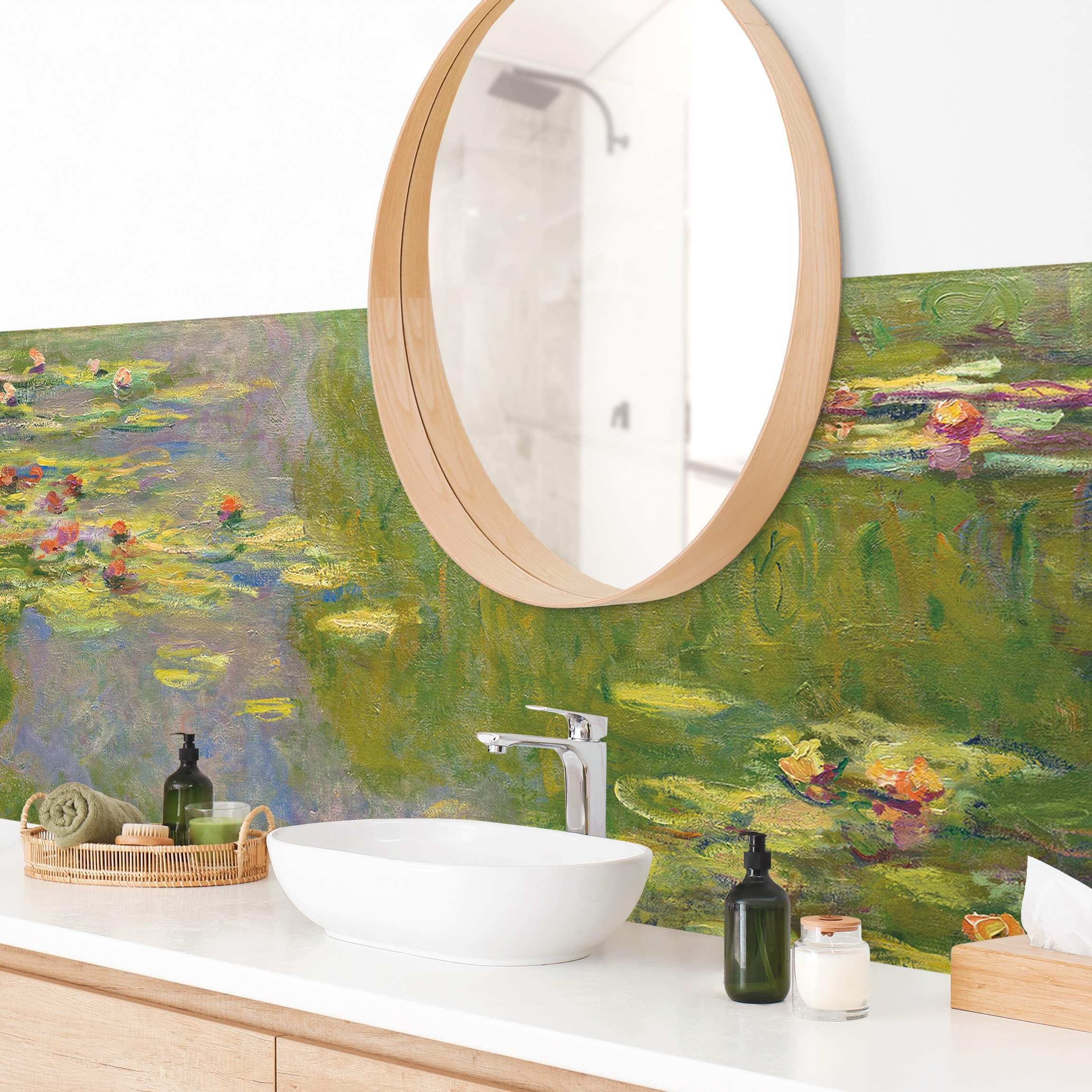 Bilderdepot24 Badrückwand grün fugenlose Wandverkleidung Bad Tropisch, (Hartfolie matt » Selbstklebend SMART 0,35 mm), wasserfestes Wandpaneel Claude Monet Grüne Seerosen