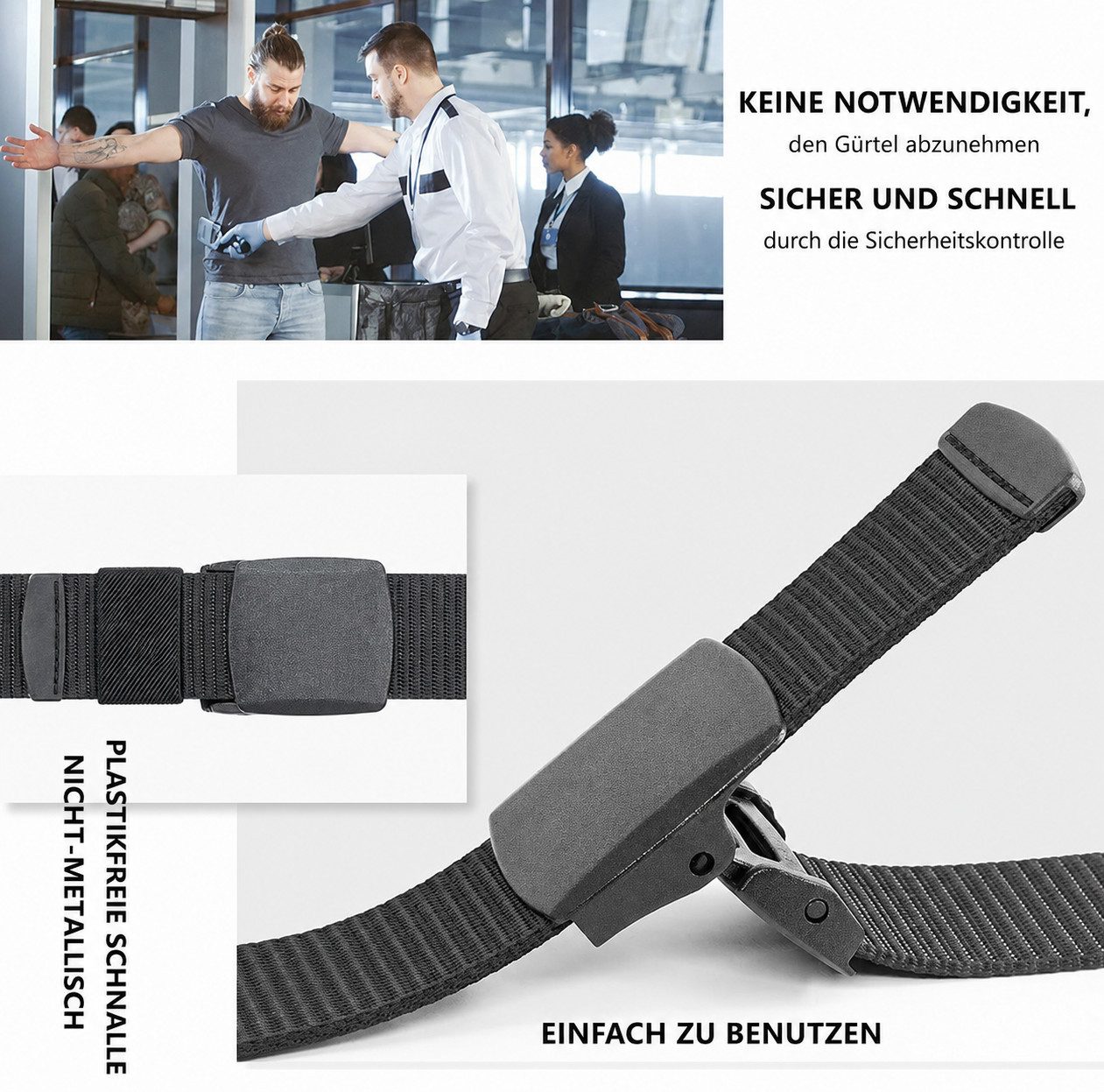 ibettertec Hüftgürtel Gürtel Herren, Arbeitsgürtel Herren, (verstellbarer Nylon-Stoffgürtel für Outdoor, metallfreie Schnalle, schnelle Flughafenkontrolle) für  – Bild 3 von 5