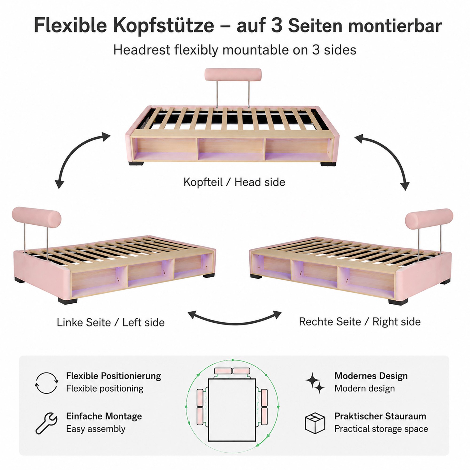 i@home Kinderbett Polsterbett niedriges mit Seitenregal offenem Stauraum (1-tlg., Kopfstütze auf 3 Seiten montierbar), gepolstertes Bett Kinderzimmer ohne Matratze, Rosa 90x200cm