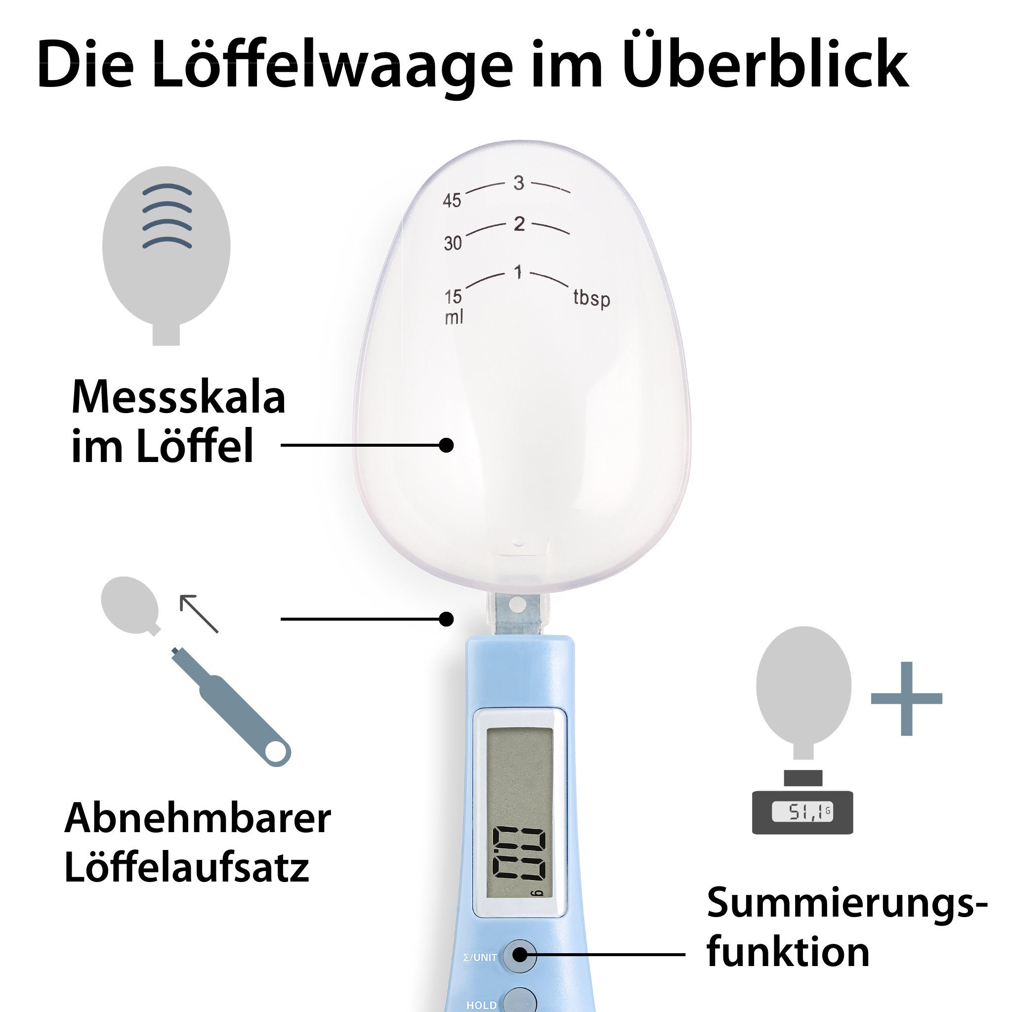ADE Löffelwaage Digitale Löffelwaage mit abnehmbaren Löffelaufsatz, mit 0,1 g Einteilung, für Gewürze, Kaffee, Tee, Tierfutter bis 300g