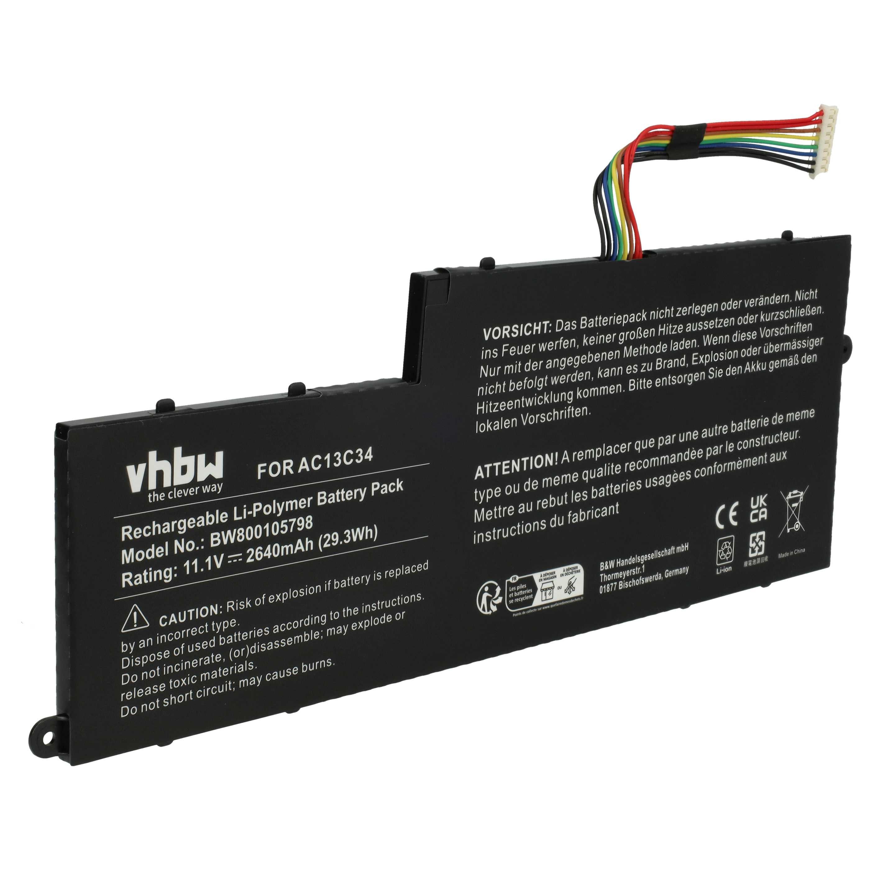 vhbw Akku Ersatz für Acer AC13C34, 3UF426080-1-T1000, 3ICP5/60/80, Laptop-Akku Akku Li-Polymer 2640 mAh (11,4 V, 1 St), Leistungsfähiger Austausch-Akku für Notebook, Wiederaufladbar, Jede