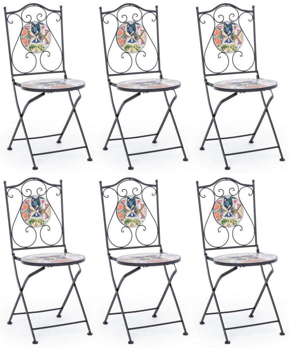Casa Padrino Gartenstuhl Jugendstil Gartenstuhl 6er Set Schwarz / Mehrfarbig 39 x 47 x H. 92 cm - Klappbare Stühle mit edlen Keramik Platten - Nostalgische Garten & Gastronomie Möbel