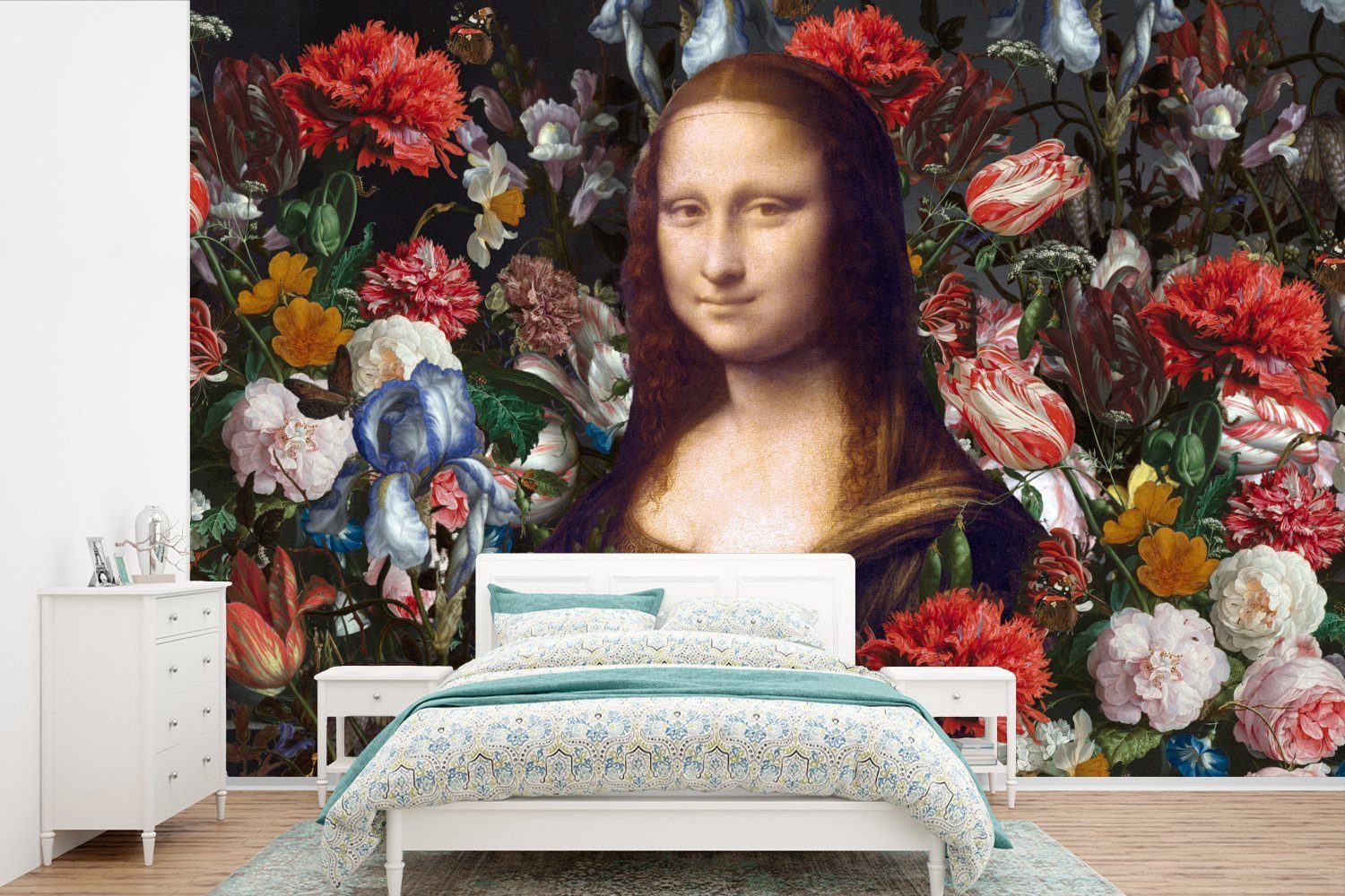 Leonardo für Vinci (6 - Matt, Mona da Vinyl Fototapete MuchoWow St), Blumen, bedruckt, Wohnzimmer, Wallpaper Lisa Tapete - Kinderzimmer, Schlafzimmer,