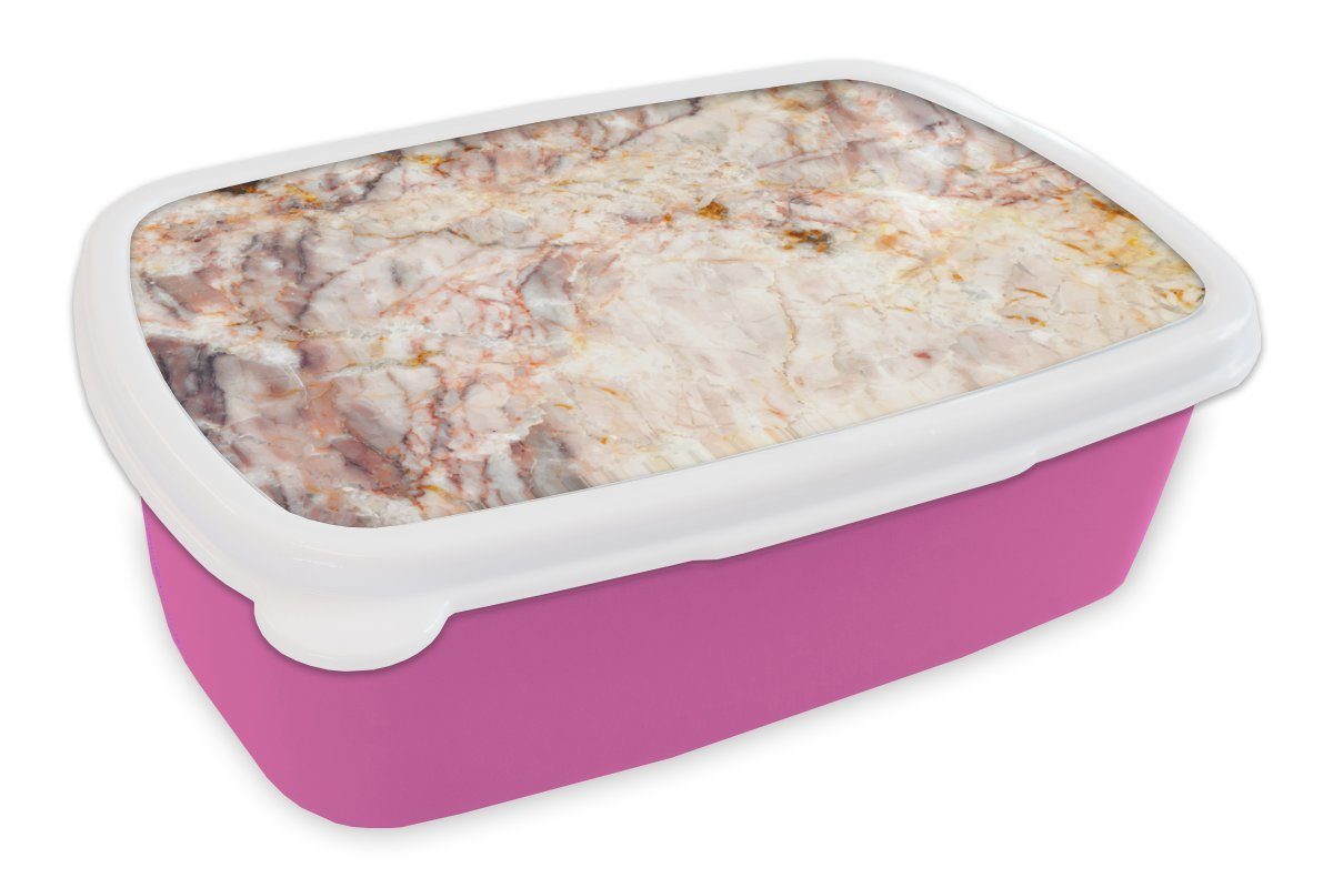 MuchoWow Lunchbox Marmor - Orange - Braun, Kunststoff, (2-tlg), Brotbox für Erwachsene, Brotdose Kinder, Snackbox, Mädchen, Kunststoff rosa