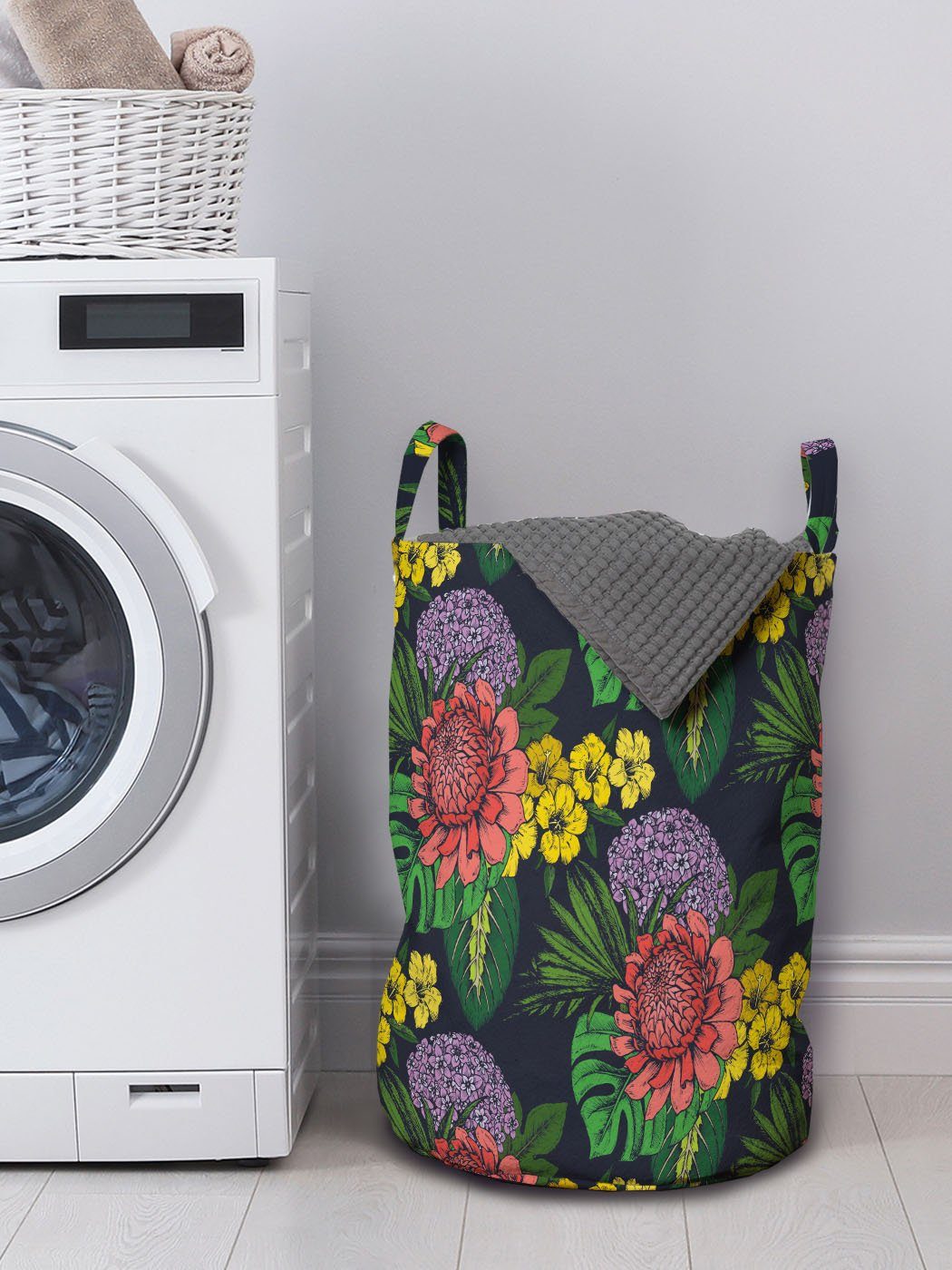 Abakuhaus Wäschesäckchen Griffen Blatt für Dschungel-Blumen mit Tropisches Waschsalons, Kordelzugverschluss Blumen Wäschekorb