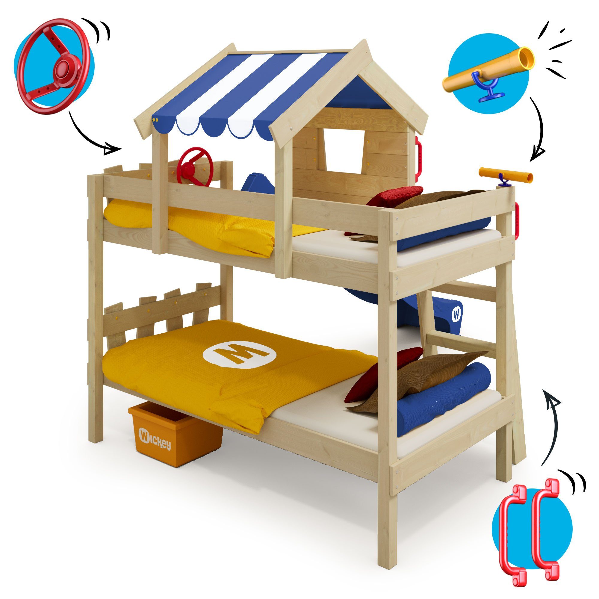Spielbett Circus Pfosten Crazy für Wickey Brettern, cm und - - aus rot/blau Massivholzbrett Rutsche, 200 Spielbett Kinderbett Kinder), 90 x mit Etagenbett (Holzpaket