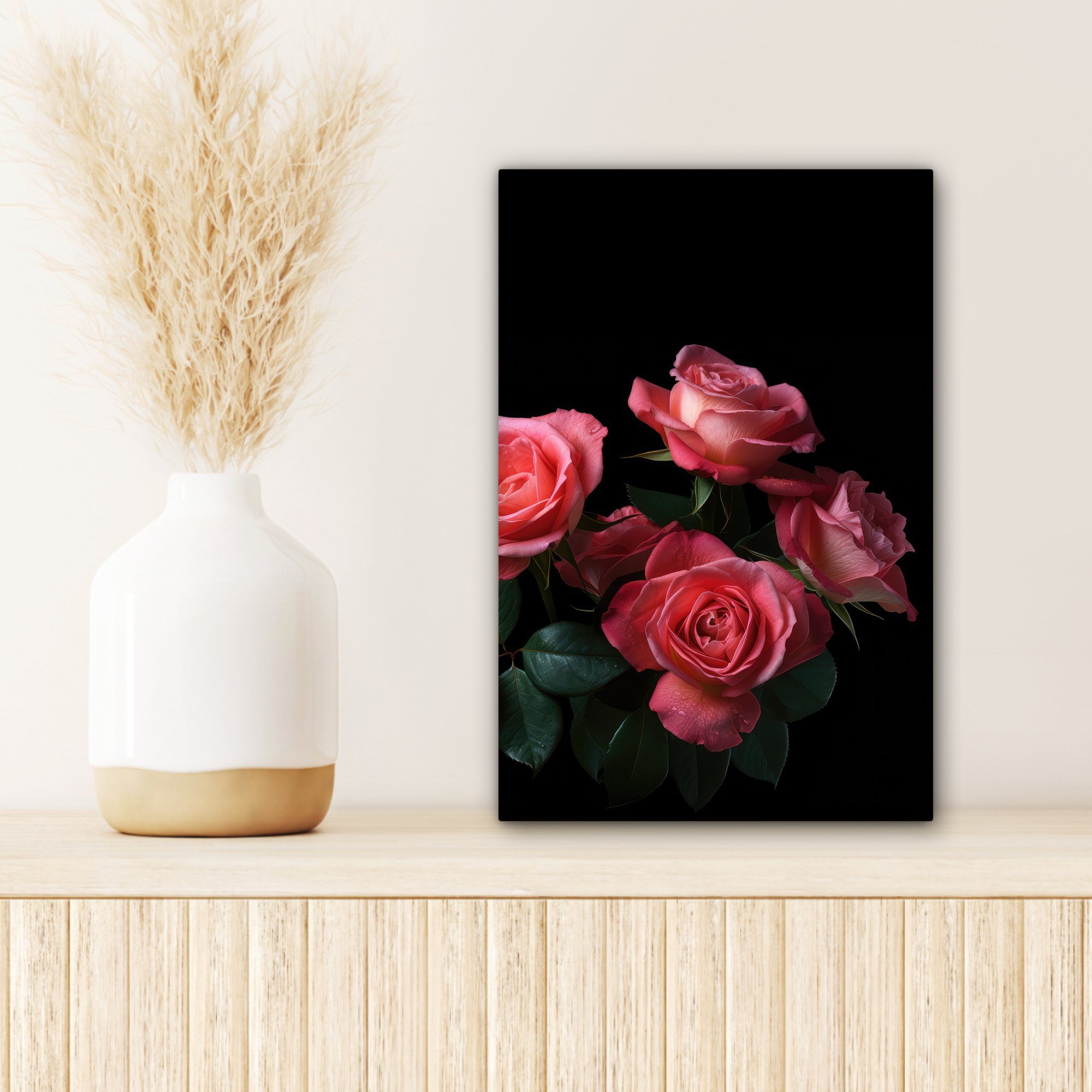 Gemälde, - cm Leinwandbild - bespannt - Zackenaufhänger, Leinwandbild fertig Rosen Natur St), (1 Blumen OneMillionCanvasses® Rosa - 20x30 inkl. Schwarz,