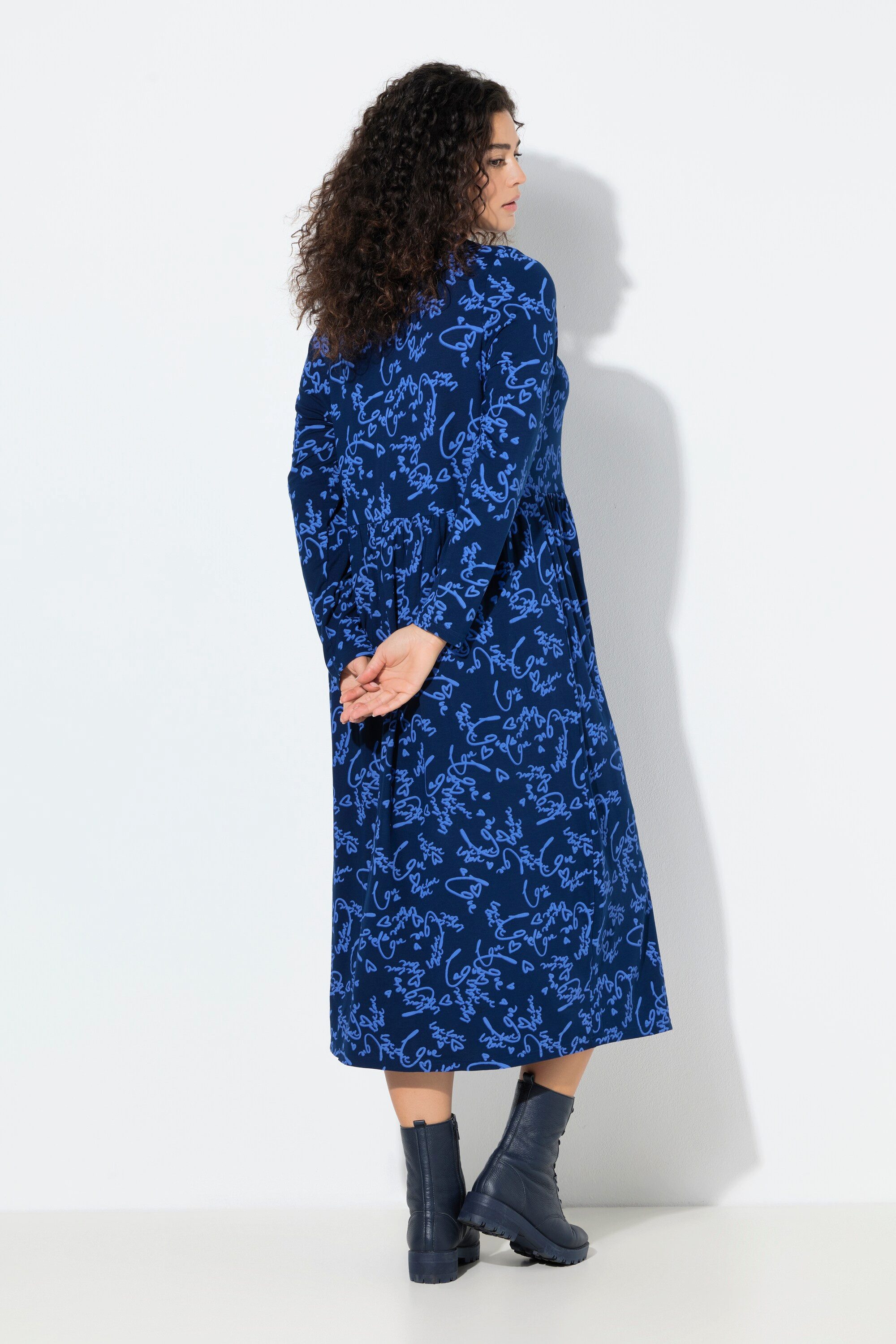 Ulla Popken Jerseykleid Midikleid Schriftdruck A-Linie Rundhals Langarm