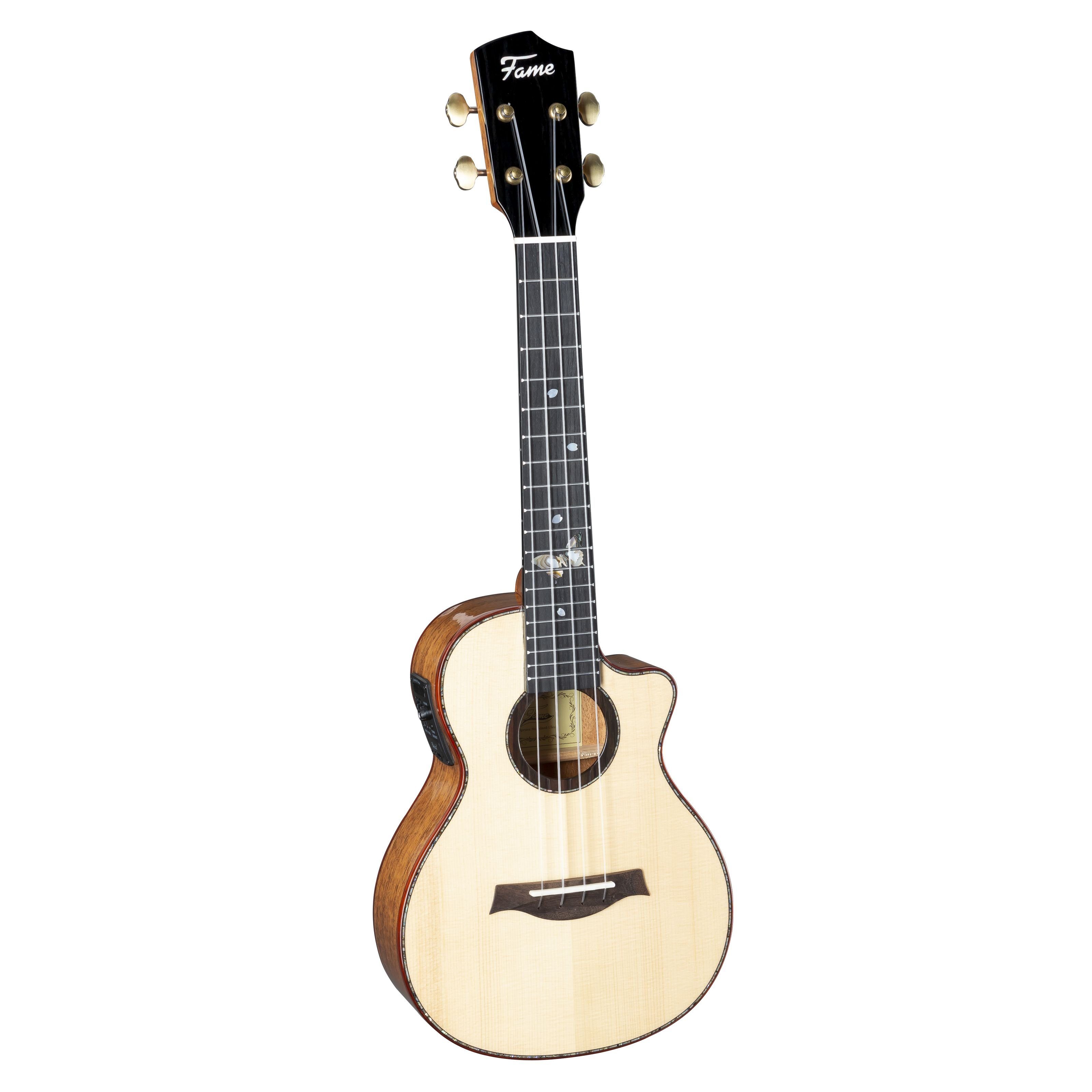 FAME Ukulele, Konzertukulele mit Cutaway Spruce Standard Uke Massive Fichtendecke Mahagonihals Belcat Tonabnehmersystem Natural-Hochglanz-Finish, Ukulelen, Konzert Ukulelen, Konzertukulele, Spruce Standard Uke, Belcat Tonabnehmersystem
