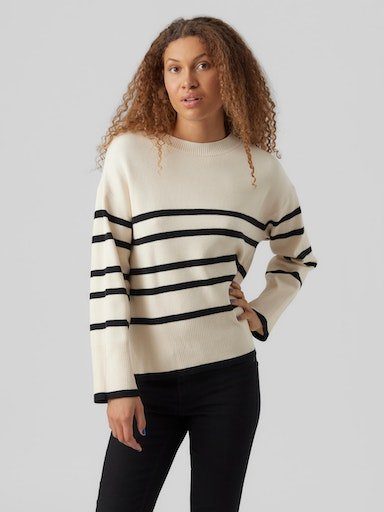 Rundhalspullover Moda BLACK Vero VMSABA GA mit LS STRIPE NOOS Stripes O-NECK Streifenmuster Birch PULLOVER