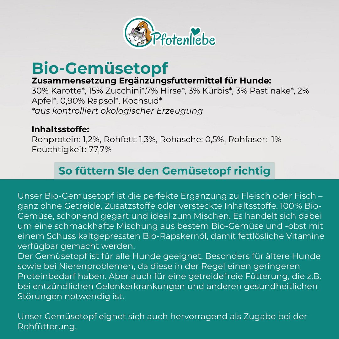 Pfotenliebe Bio-Gemüsetopf verbesserte 6x400g, Nassfutter für: Hunde, Bio