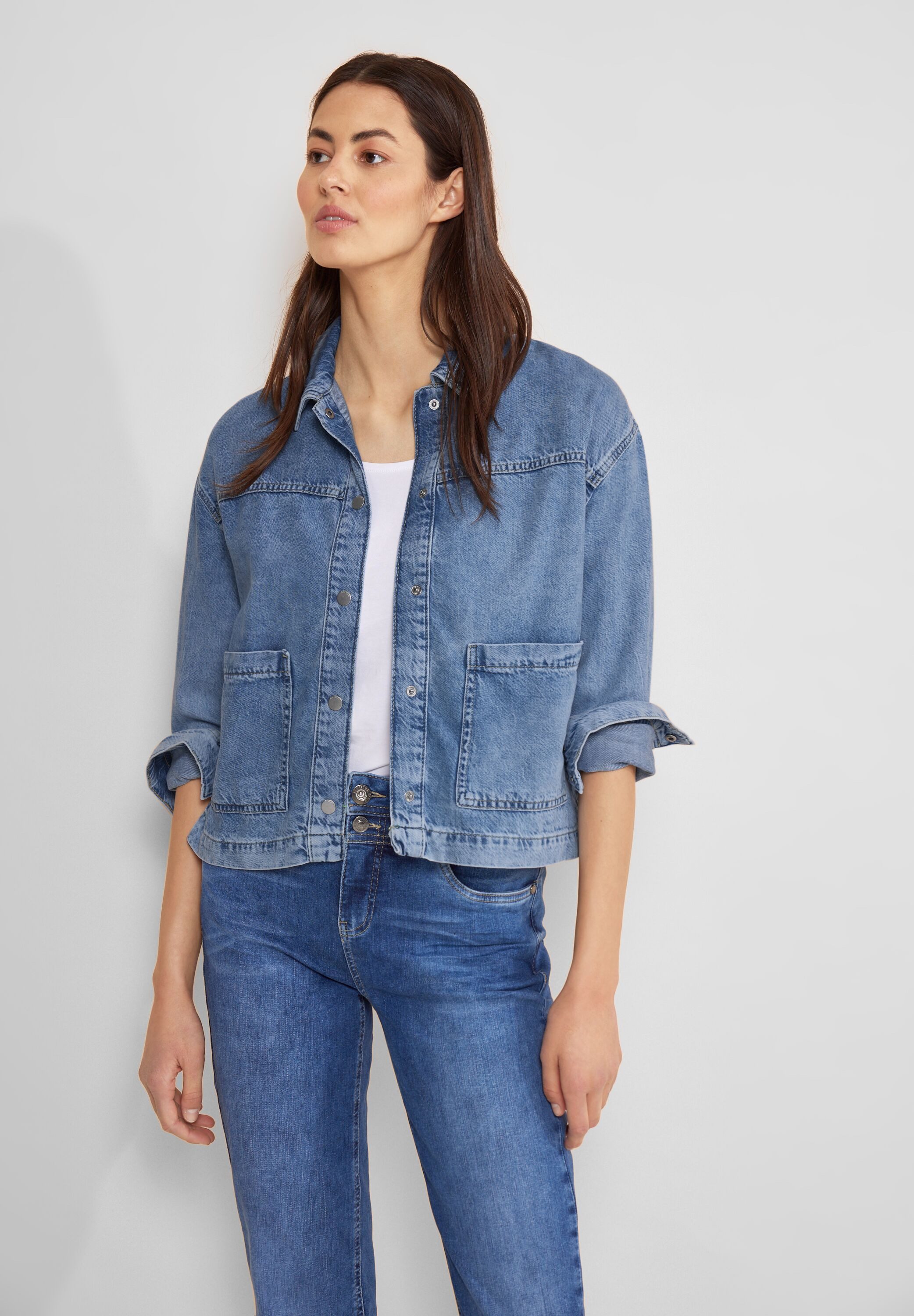 STREET ONE Jeansjacke aus softem Materialmix, Bleached Waschung