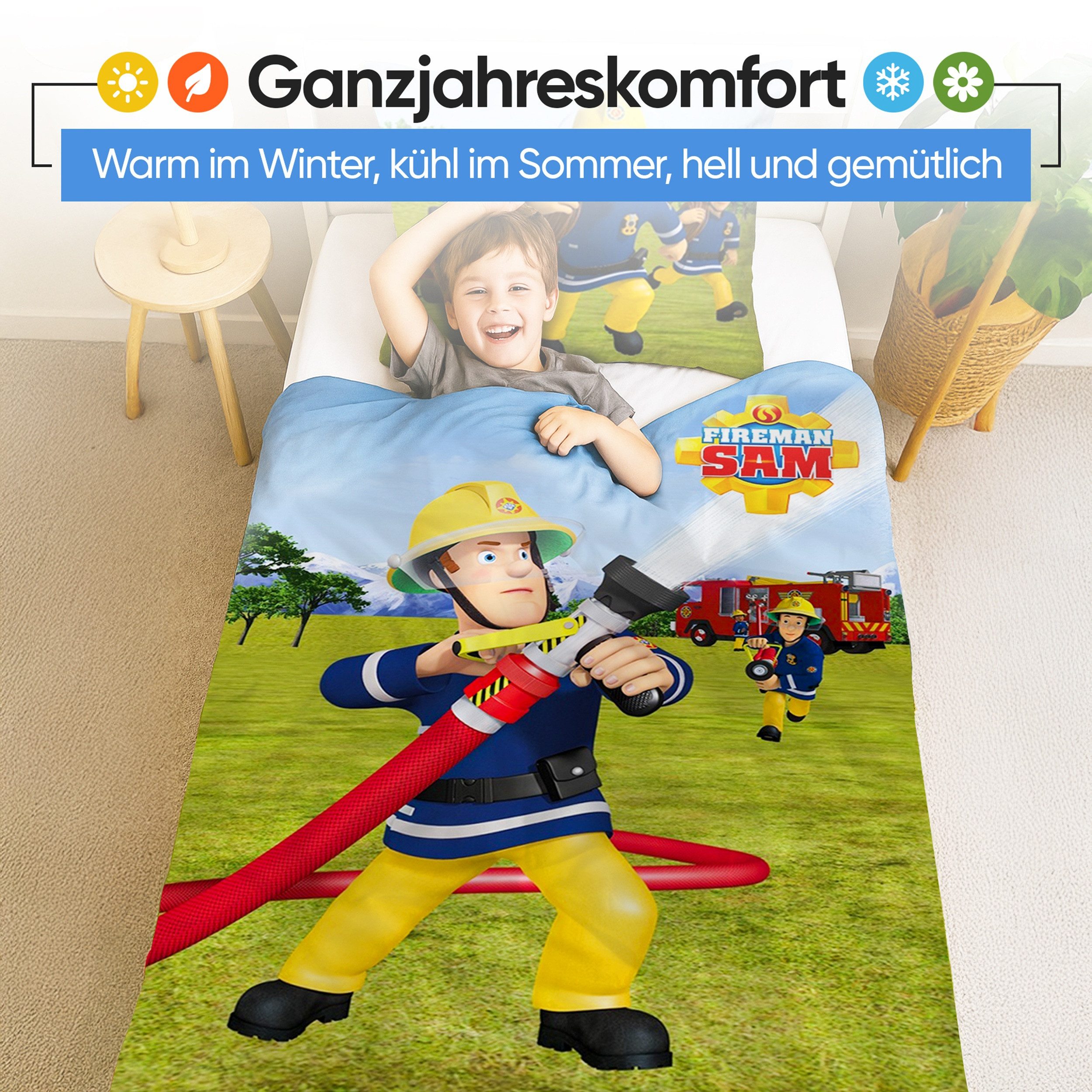 Familando Kinderbettwäsche Feuerwehrmann Sam 135x200 + 80x80 cm - 100% Baum günstig online kaufen
