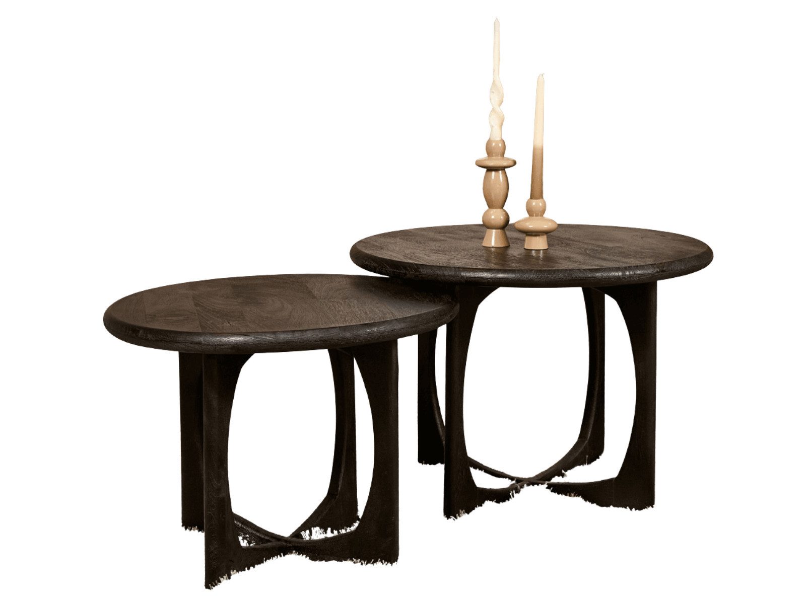 Villa Möbel Couchtisch Milorin, Mangoholz Tiefschwarz runde Platte geschwungenes Gestell elegant