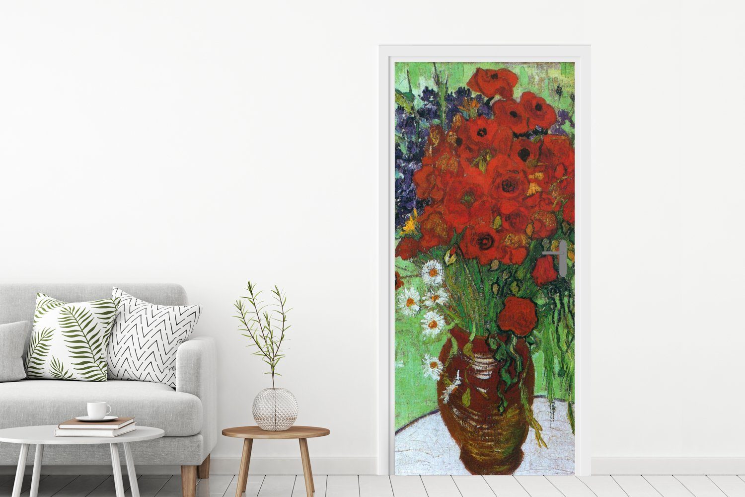 (1 Türaufkleber, Vase St), Fototapete Vincent MuchoWow 75x205 roten Mohnblumen Tür, cm bedruckt, Matt, Türtapete Gänseblümchen für mit - Gogh, und van