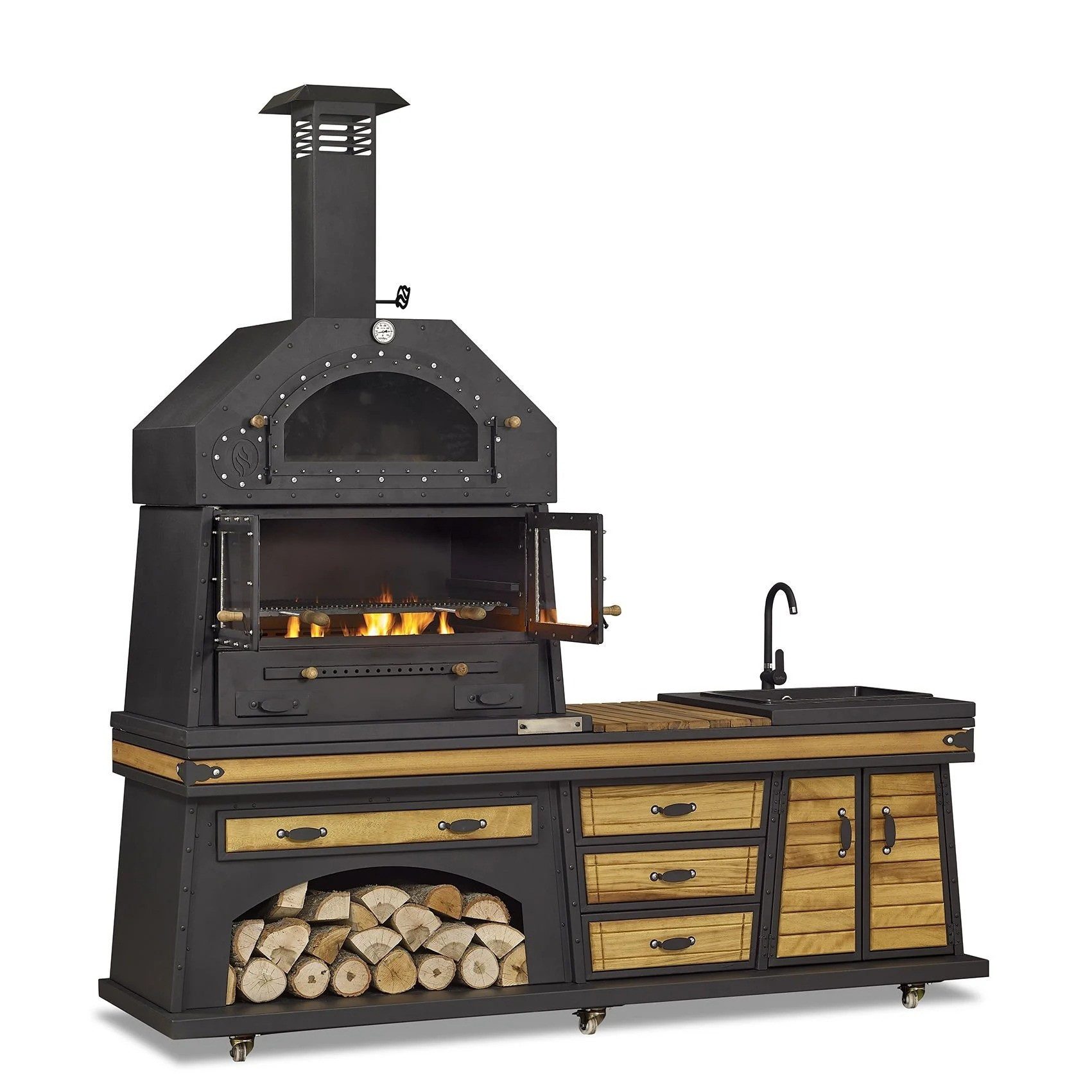 JVmoebel Outdoor-Küche Schwarze Außenküche aus Holz und Edelstahl, wetterfest und modern, Made in Europe