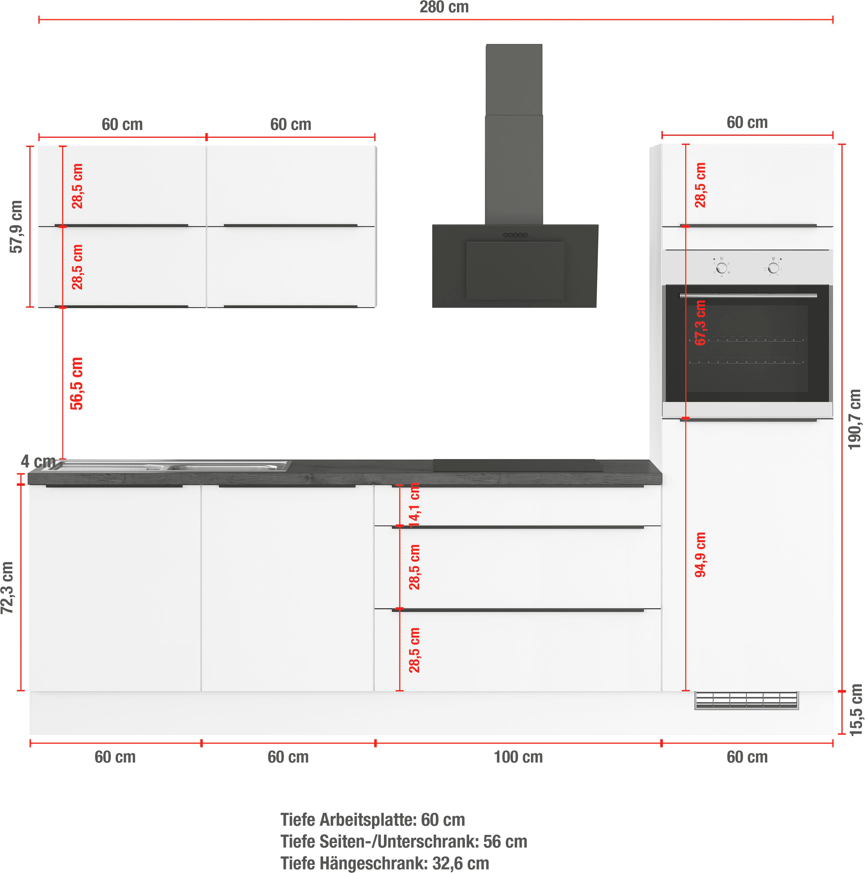 IMPULS KÜCHEN Küchenzeile "Toledo", Ausrichtung wählbar, Schubkästen mit Soft-Close, vormontiert, wahlweise mit E-Geräten, Breite 280 cm