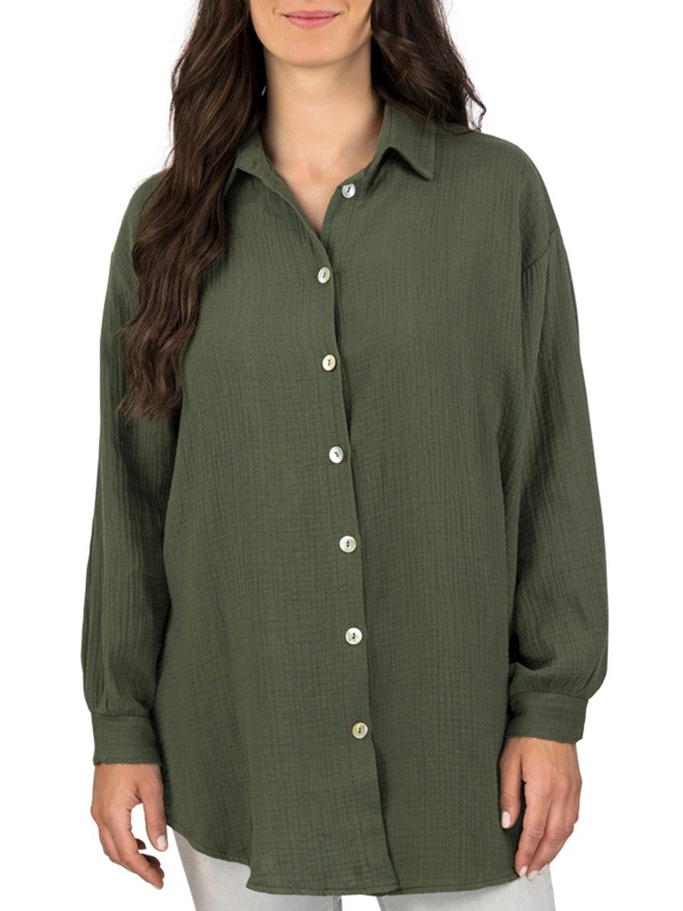 DENIMFY Hemdbluse Damen Bluse DFMathilda Oversize Fit Basic Musselin Hemd aus 100% Baumwolle Olive (52316)