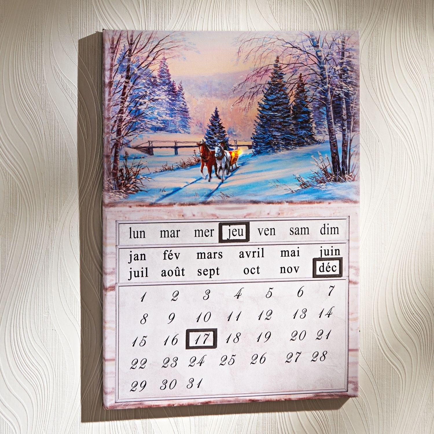 3PAGEN LED Dekolicht Ewiger LED-Kalender Winterlandschaft französisch Dauerkalender Wandkal