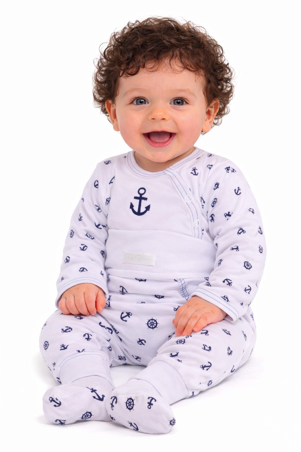 Body & Hose Baby Anzug Wickelbody Schlupfhose Langarmbody in Weiß mit Ankermuster