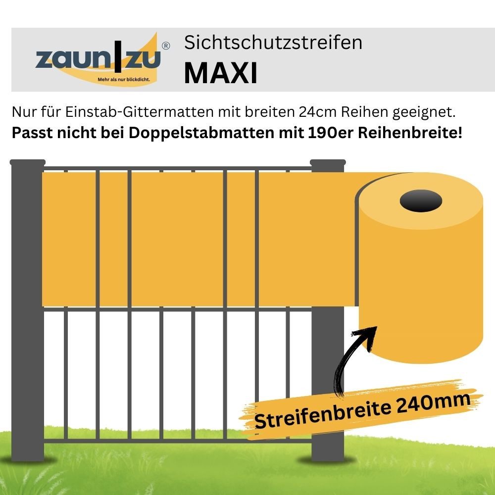 zaunzu Sichtschutzstreifen Rille Maxi Rolle für Doppelstabmatten 24cm hoch Schwarz 50m, (1x Rolle Zaunblende, 24cm hoch, UV-beständiger Sichtschutz), 5 Jahre garantierte Farbechtheit