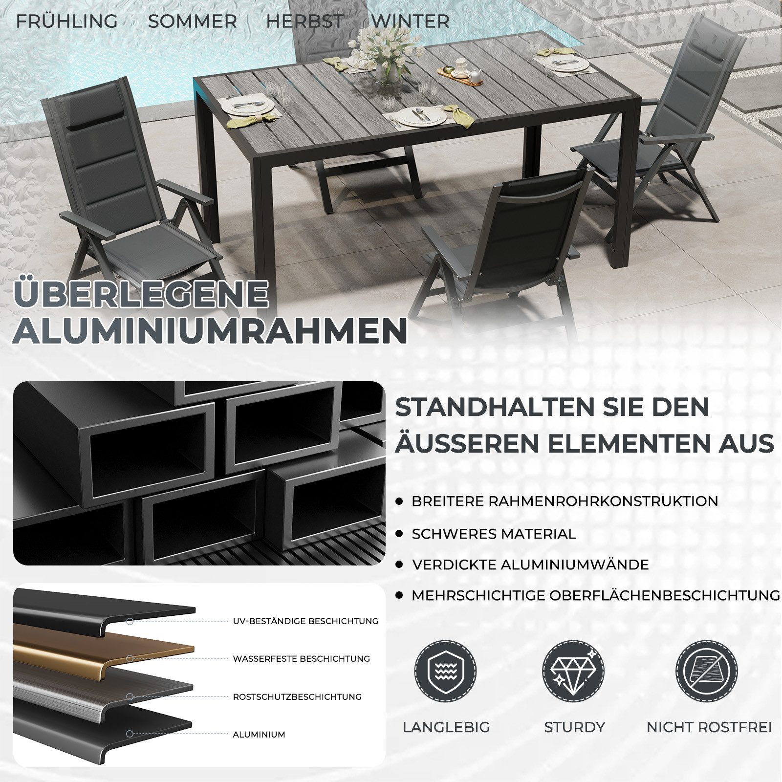 HOMALL Garten-Essgruppe Gartenmöbel Set aus klappbarer Armlehnstuhl und Aluminium Gartentisch, (5-tlg., 4 Klappstuhl (bis 160kg), 1Tisch (bis 100kg), Aluminium, – Bild 4 von 5