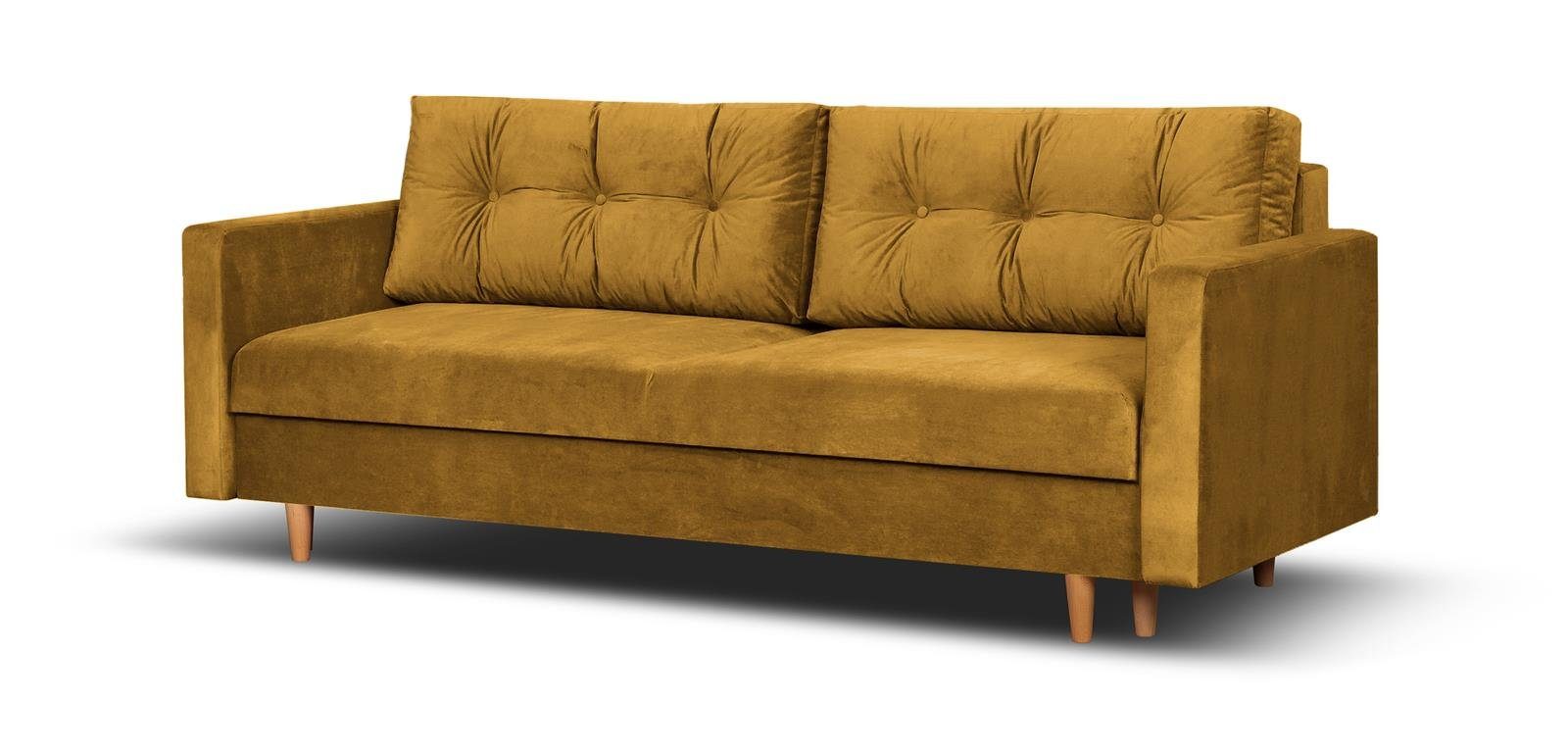 Polstersofa Stil, (kronos Couch 01) Beautysofa Sofa im Bettkasten, aus Wohnzimmer mit Velours, skandinavisches für Schlafsofa Schlaffunktion und Sigurd, Senfgelb