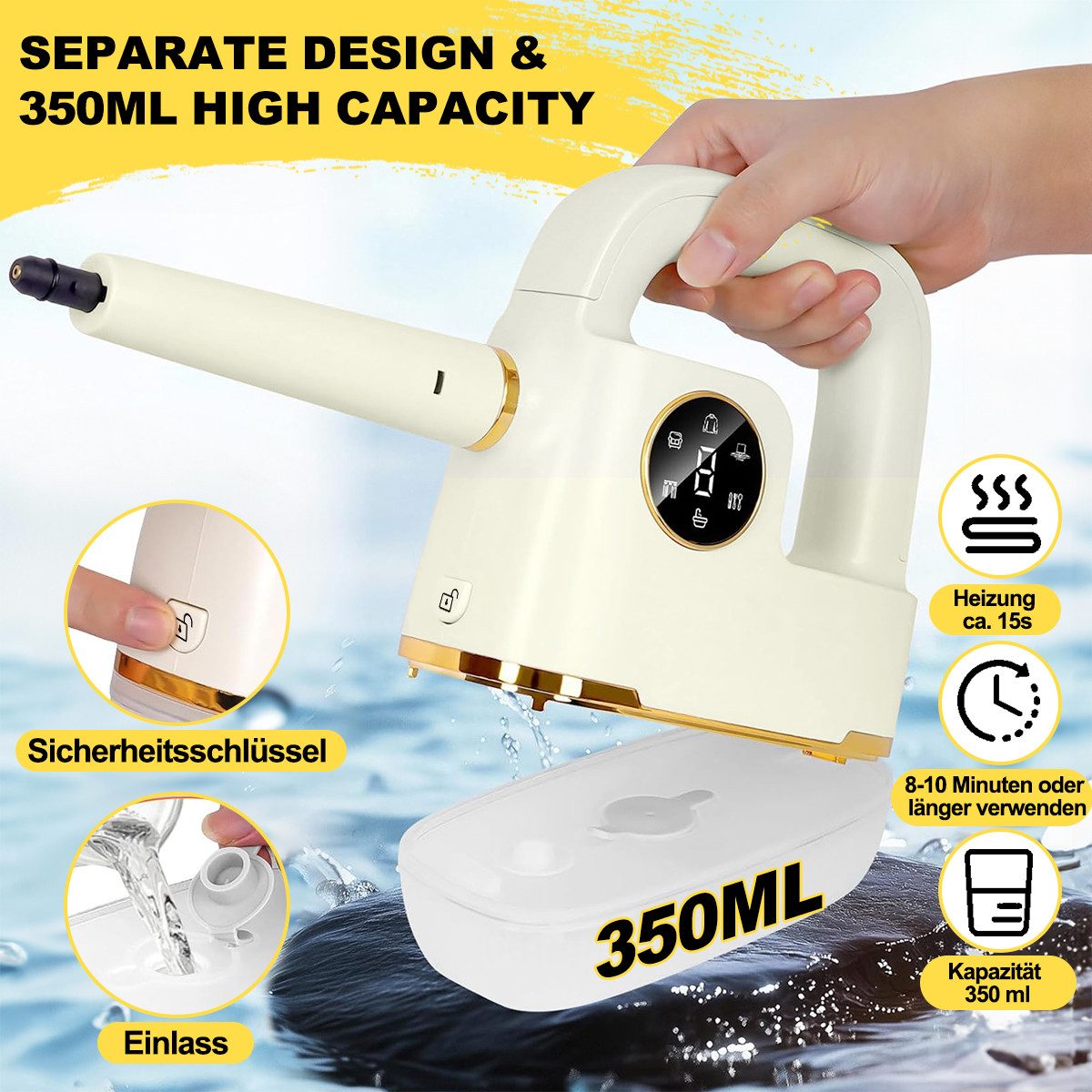 Welikera Handdampfreiniger Dampfreiniger 1800W,dampfreiniger handgerät mit 7 Sprühdüsen, 1800 W, 350 ml Wassertank,Digitalanzeige,6 Einstellungen,4 bar Dampfdruck