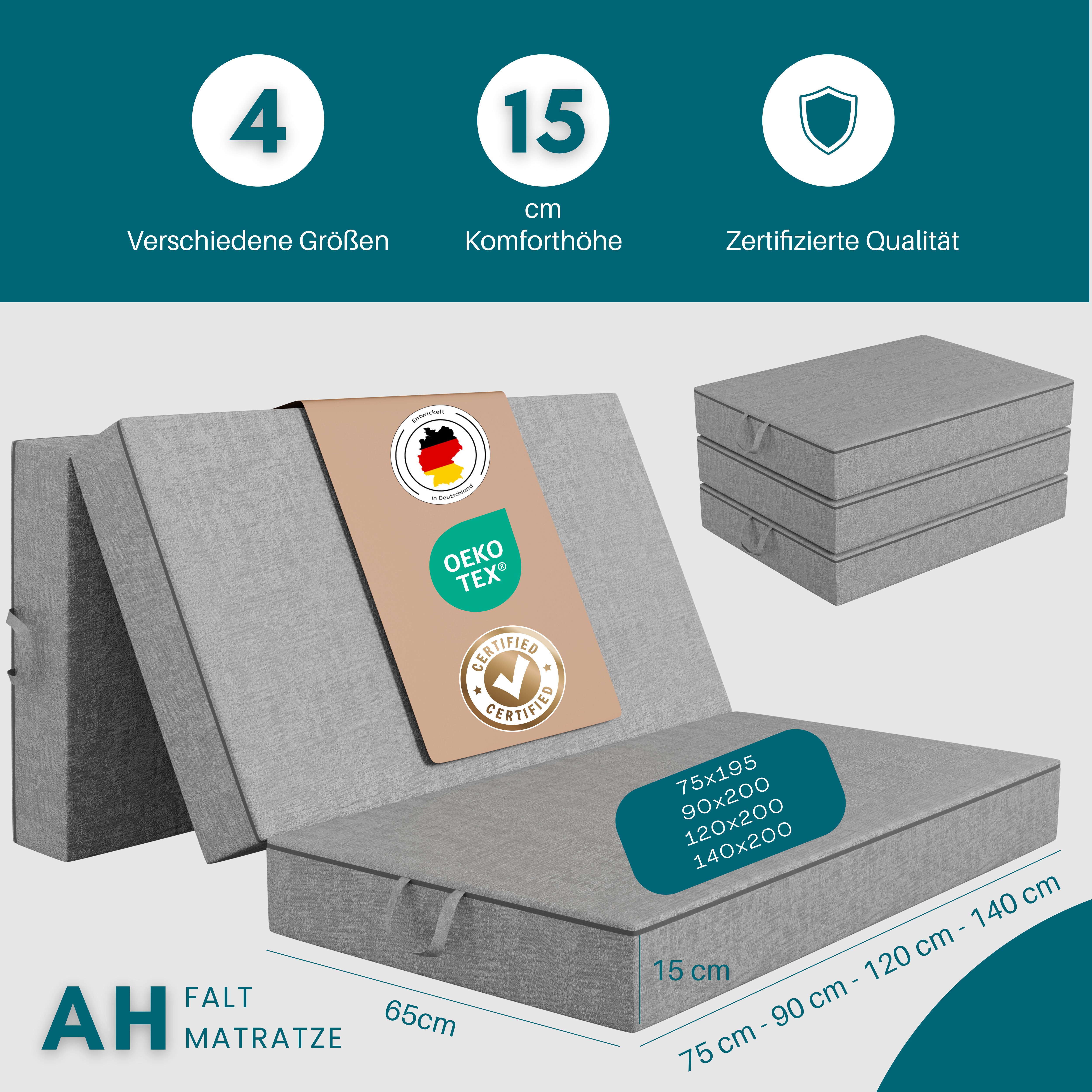 Reisebett-Matratzen AH-Falt Klappmatratze, Gästematratze, 15 cm Faltmatratze, 3-teilig, ARGAHOME, 15 cm hoch, (AH_FALT_15, Faltbare Matratze), Breite 75 x 195 cm, waschbare Bezug