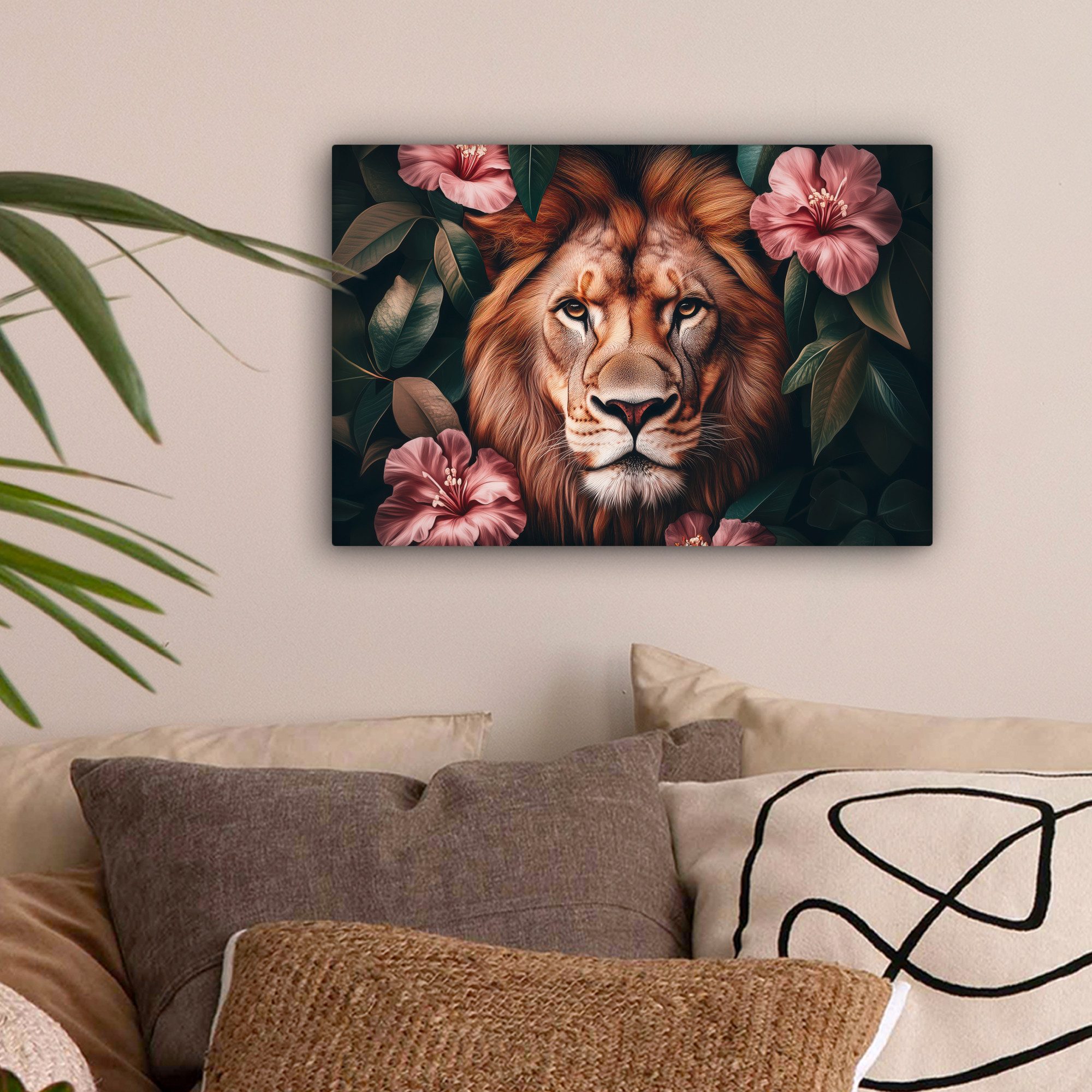 OneMillionCanvasses® Leinwandbild Löwe - Rosa Blumen günstig online kaufen