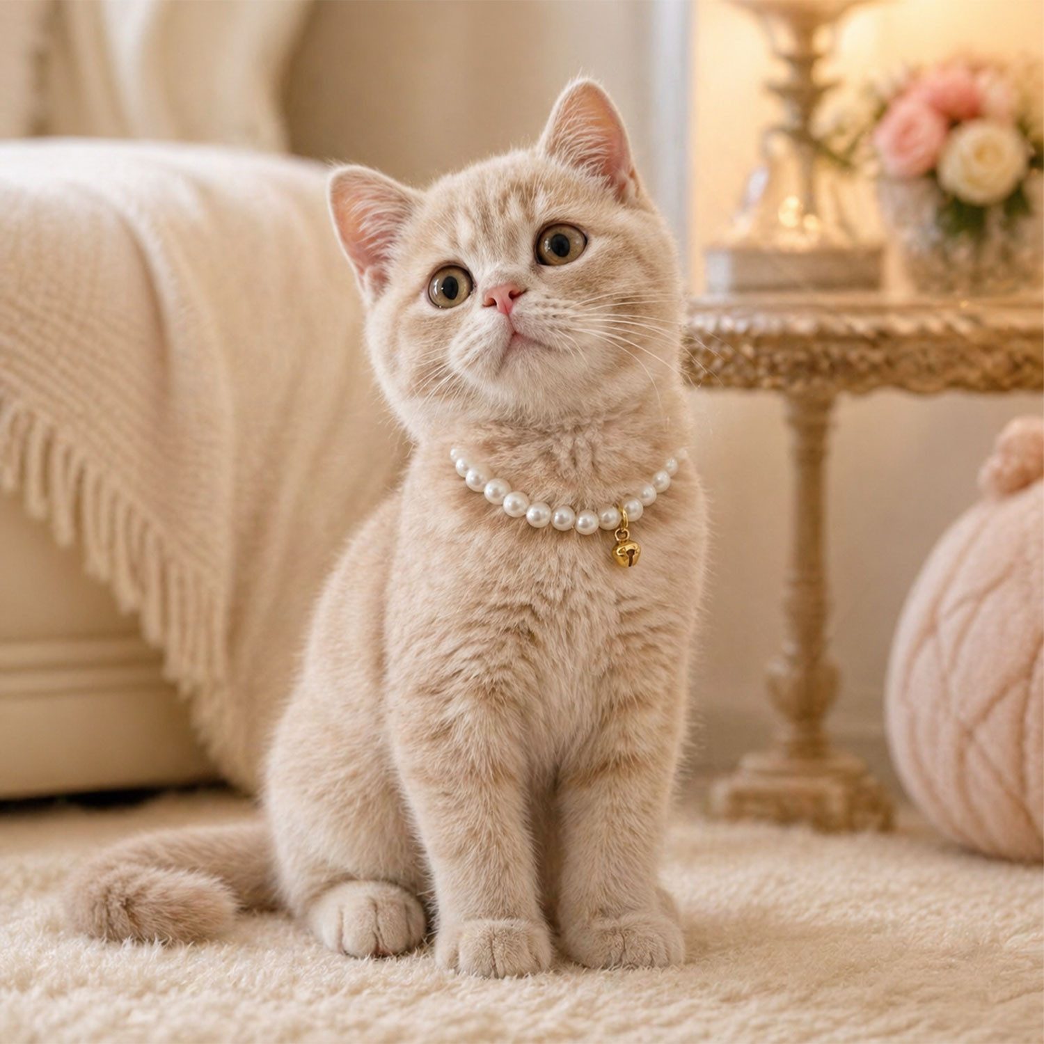 Jungengel Katzen-Halsband Perlen mit Glocke Weiß dehnbar Katzen-Schmuck Perlenhalsband, Dehnbares Katzenhalsband mit Perlen und Holz-Geschenkbox