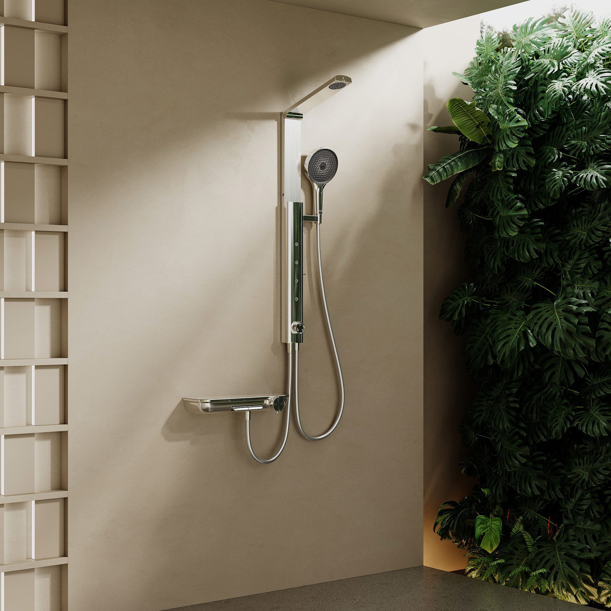 HOROW Duschsystem Regendusche Set mit Thermostatarmatur, Massagedusche Set, 4 Strahlart(en), Regendusche Set, 4 Massage-Modi, Klappbares Duschset, Höhenverstellbar